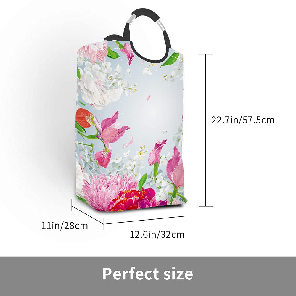 Floral Print Laundry Hamper Basket with Handles - Woven Clothes Organizer for Bedroom, Nursery, or Playroom | Perfect for Toys, Blankets & Clothing Storage | Chrysanthemum Iris Hydrangea Peony Apple Blossom Design