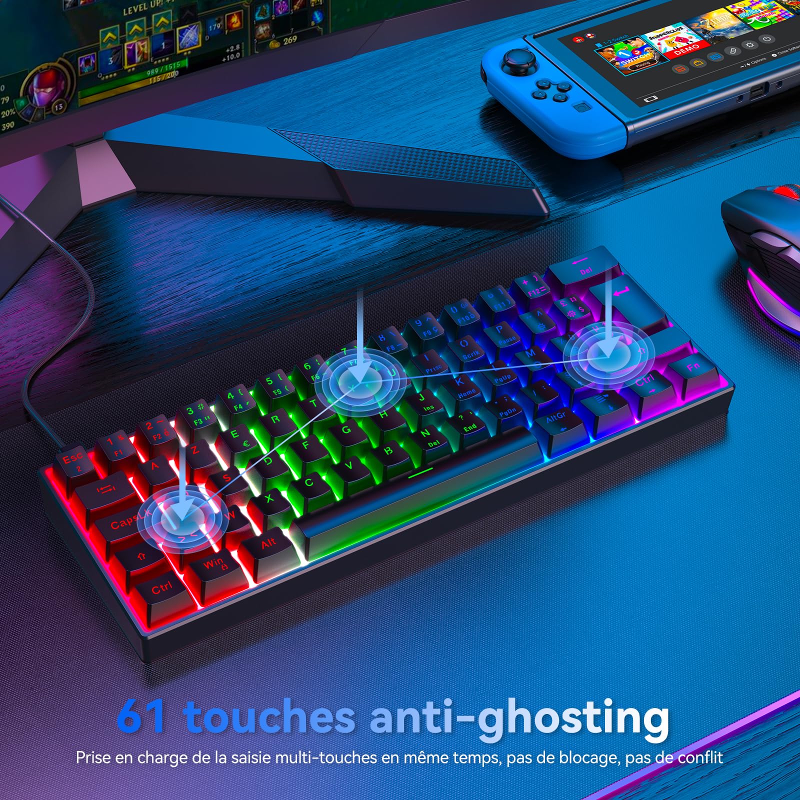 TECURS 60% Azerty Mechanical Gaming Keyboard with Red Switches - Wired LED Backlit Compact Keyboard for PC, Windows, PS5, PS4 (Black) - Perfect for Esports, Gaming & Office Work
