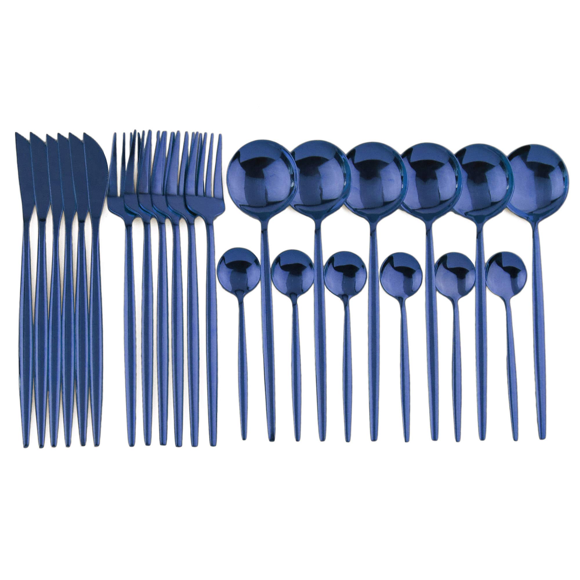 24-Piece Stainless Steel Flatware Set - 18/0 Mirror Blue Knife Fork Spoon Teaspoon Silverware Set for 6, Dishwasher Safe - Perfect for Dinner Parties, Restaurants & Everyday Dining