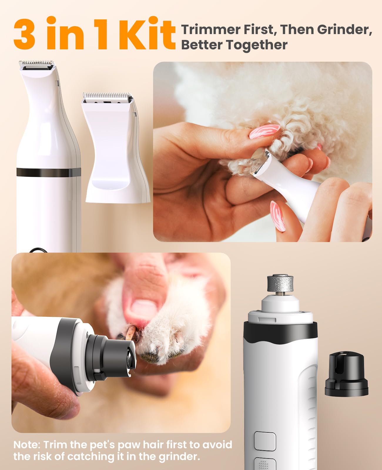 Oneisall 2-in-1 Rechargeable Dog Nail Grinder & Paw Trimmer Kit - Low Noise Electric Pet Nail Clipper with LED Lights & Cordless Grooming Tool - Perfect for Small, Medium & Large Dogs at Home Grooming