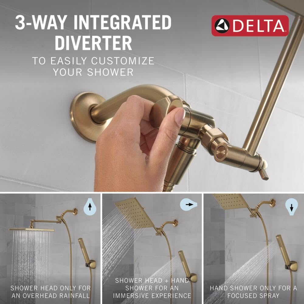 Delta Faucet 10-inch Raincan Shower Head & Handheld Shower Combo - Gold Square Rainfall Shower Head with High Pressure 1.75 GPM - Champagne Bronze 75527-CZ - Perfect for Luxurious Spa-Like Bathroom Experience
