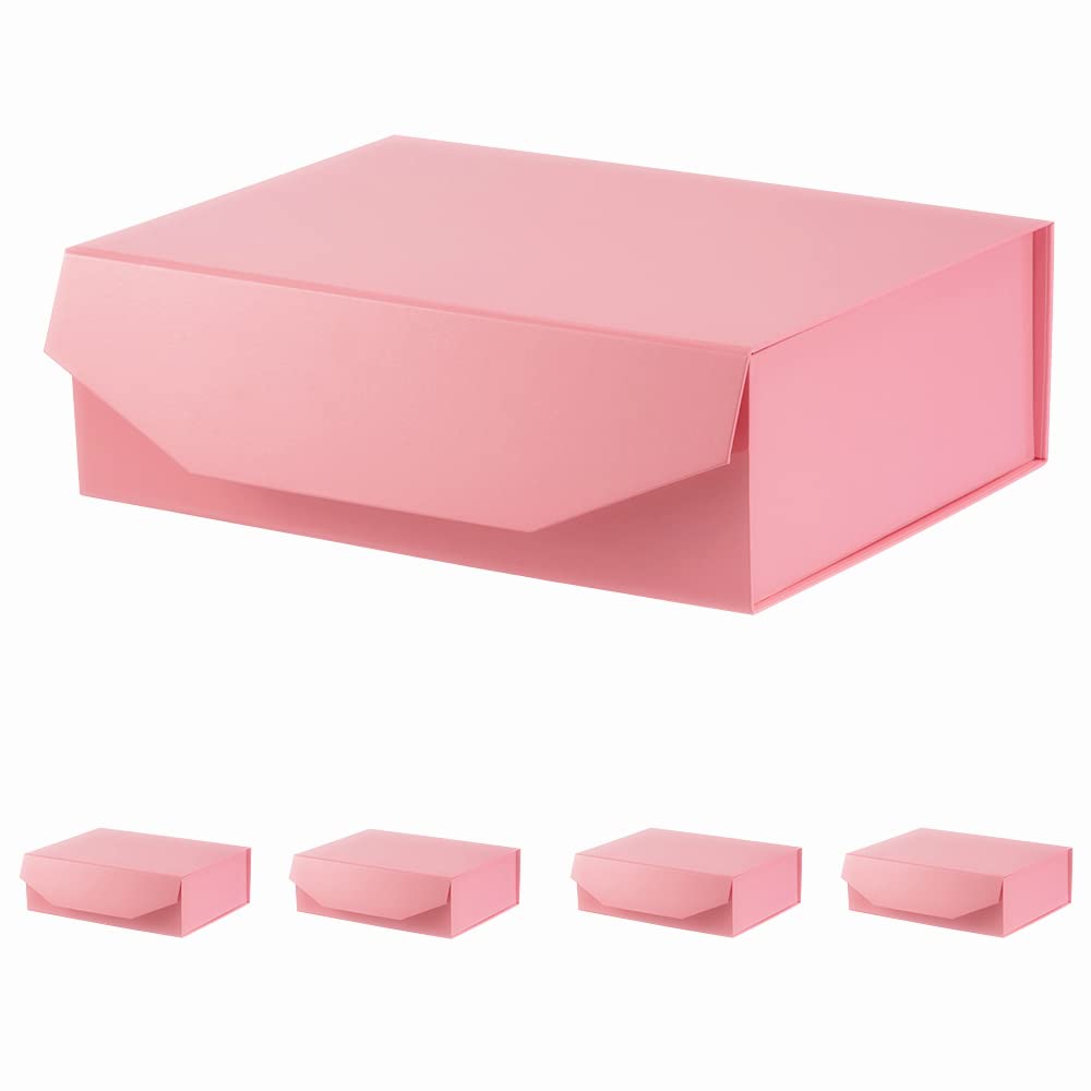 5 Large Pink Gift Boxes with Lid 13x9x4 Inches - Bridesmaid & Groomsman Proposal Boxes, Hard Collapsible Magnetic Closure Gift Boxes for Clothes, Jewelry & Accessories - Reusable Glossy Pink Gift Packaging for Weddings, Birthdays & Special Occasions