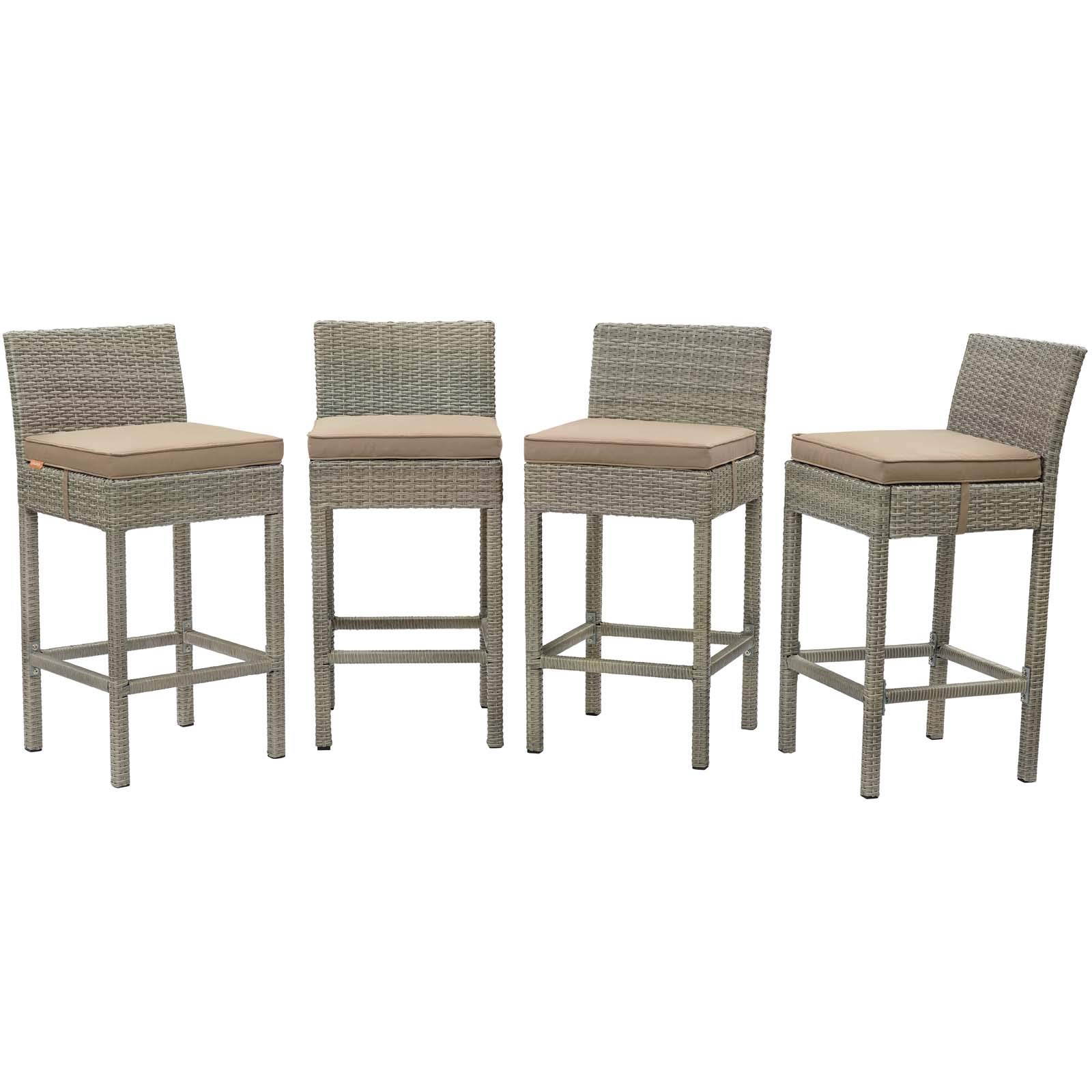 Modern Outdoor Patio Garden Bar Stool Chair Set of 4, Light Brown Fabric Rattan Wicker, Perfect for Backyard, Deck, and Poolside Relaxation
