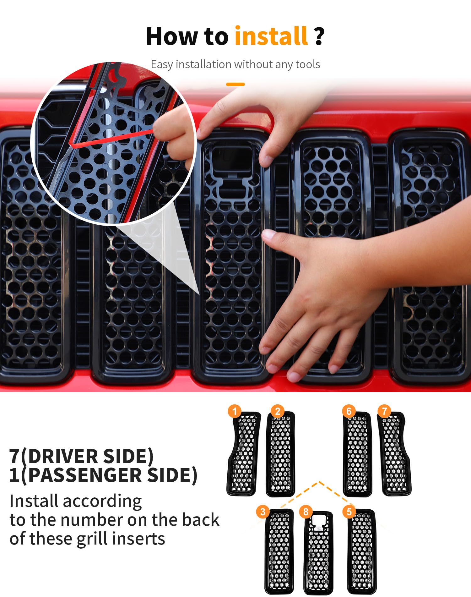 Hoolcar Black Front Grill Insert Cover Trim Kit - Honeycomb Grille Guard with Camera Hole for 2024 Jeep Wrangler JL & JLU (7-Piece Set) | Exterior Accessories for Off-Road Protection & Style Upgrade