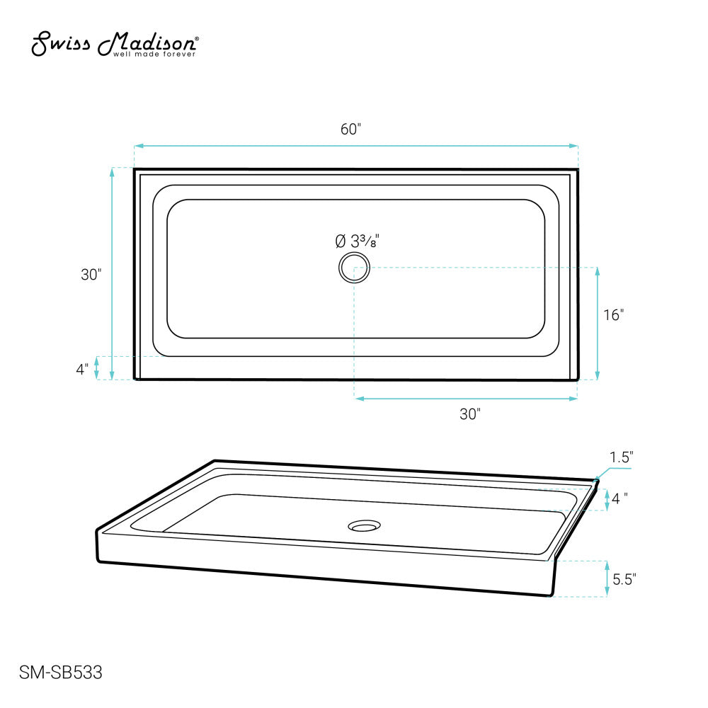 Voltaire 60 x 30 Inch Acrylic Shower Base with Center Drain - Single Threshold, Non-Slip Bathroom Floor Pan for Modern Homes