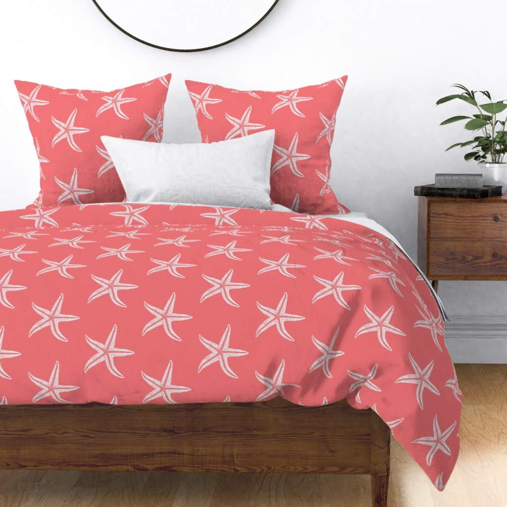 Premium Spoonflower Cotton Sateen Duvet Cover - King/California King Size - Starfish Coral Beach Vacation Design - Midcentury Modern Nautical Sea Star Print - Custom Bedding Set for Coastal & Vacation Home Decor