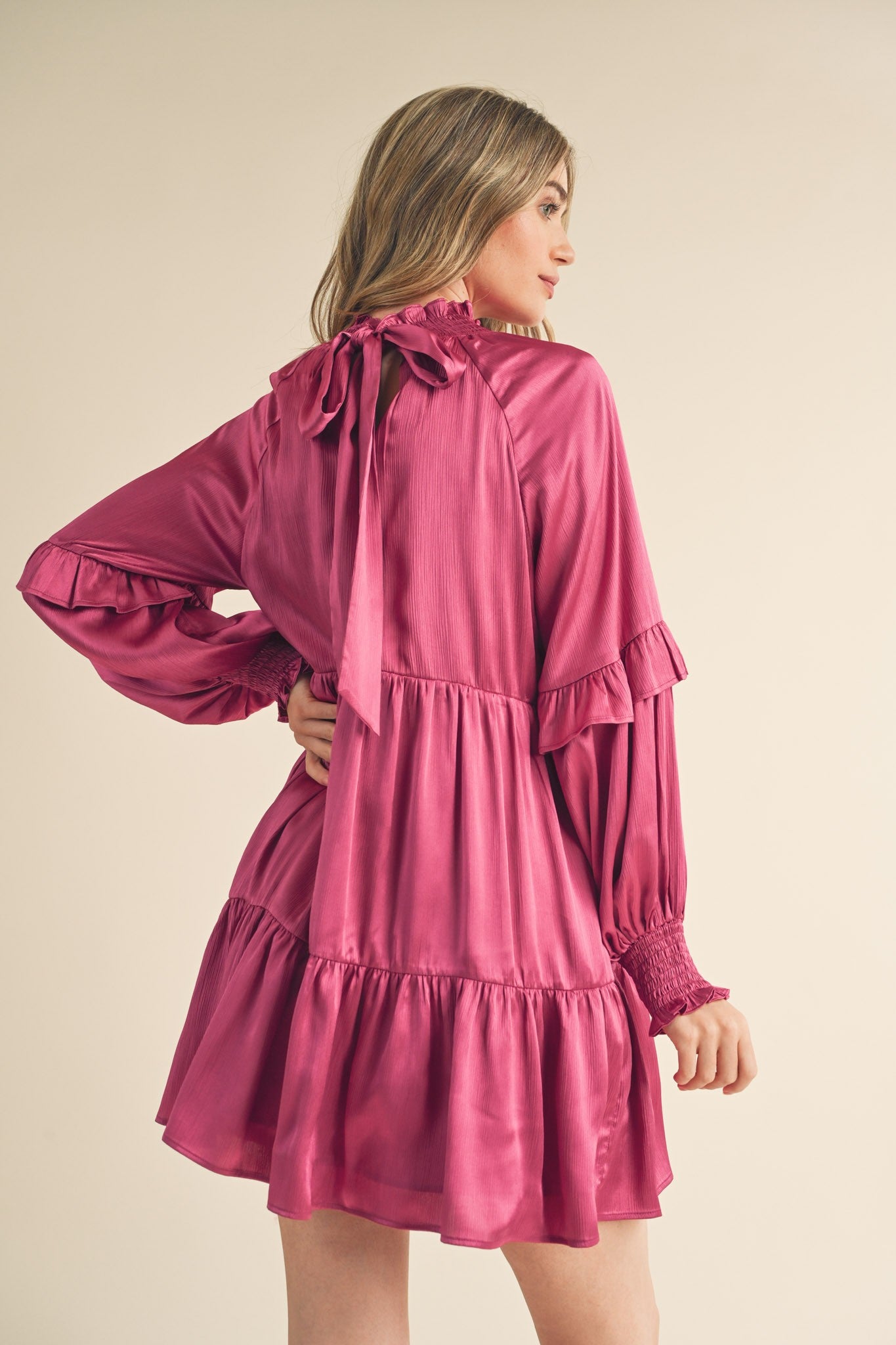 Berry Rose Mock Neck Tiered Mini Dress - Floral Print Summer Party Dress for Women, Casual & Formal Occasions, Date Night & Wedding Guest Outfit