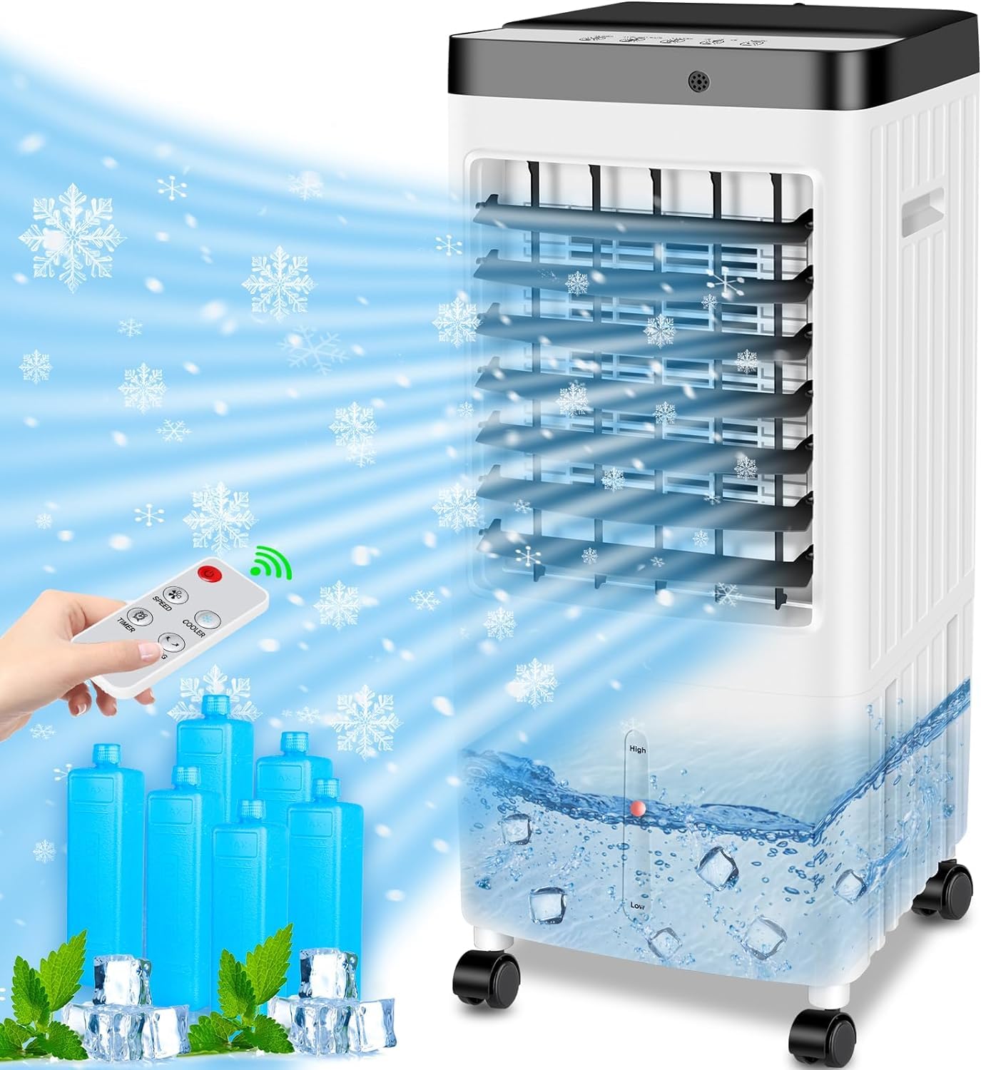 Portable Air Conditioner with 10L Water Tank - 20H Cooling Time, 3 Speeds & 90° Oscillation - Swamp Cooler for Room, Kitchen, Bedroom (Includes 6 Ice Packs) - Perfect for Home, Office & Outdoor Use