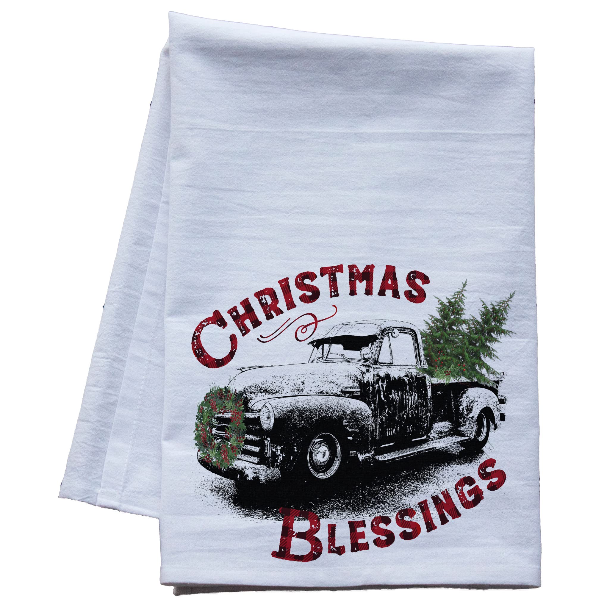 Christmas Flour Sack Dish Towels - Holiday Kitchen Tea Towels Set for Xmas Decor (Old Truck Design) - Perfect for Holiday Baking, Gift Wrapping & Festive Home Decor