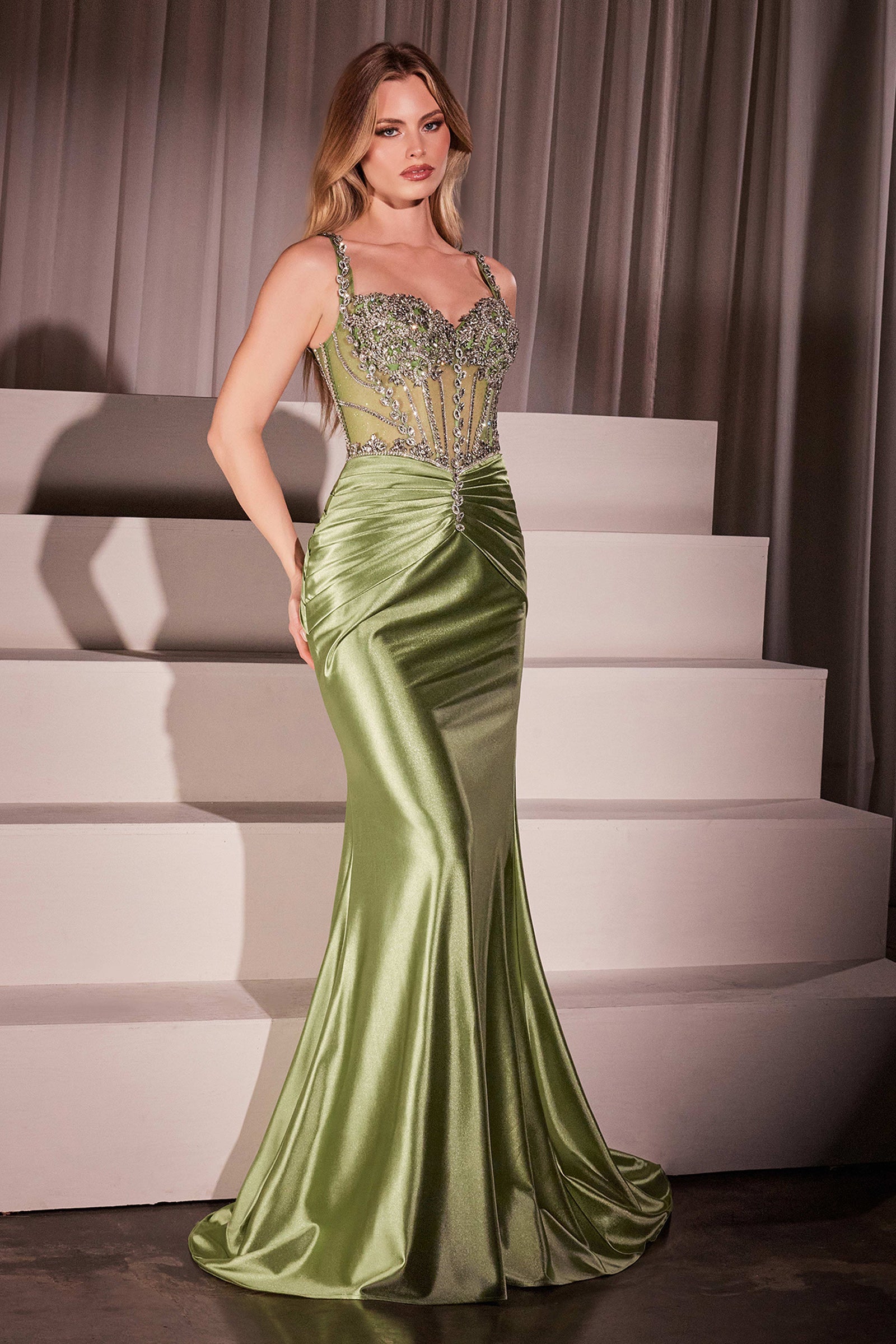 Artemis Gown - Crystal Embellished Fitted Satin Evening Dress for Prom, Wedding & Special Occasions
