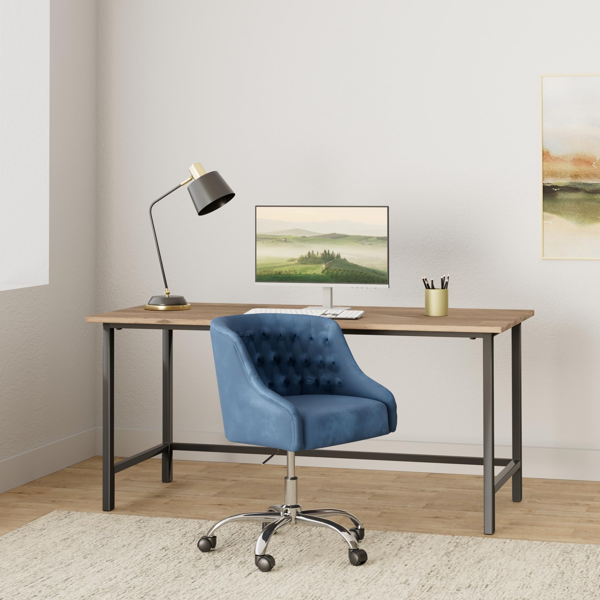 ATTICA Modern Velvet Office Chair - Adjustable Height Mid-Back Task Chair for Home Office, Computer Desk, Gaming & Study - Navy Blue Ergonomic Swivel Chair with Comfortable Seat Cushion