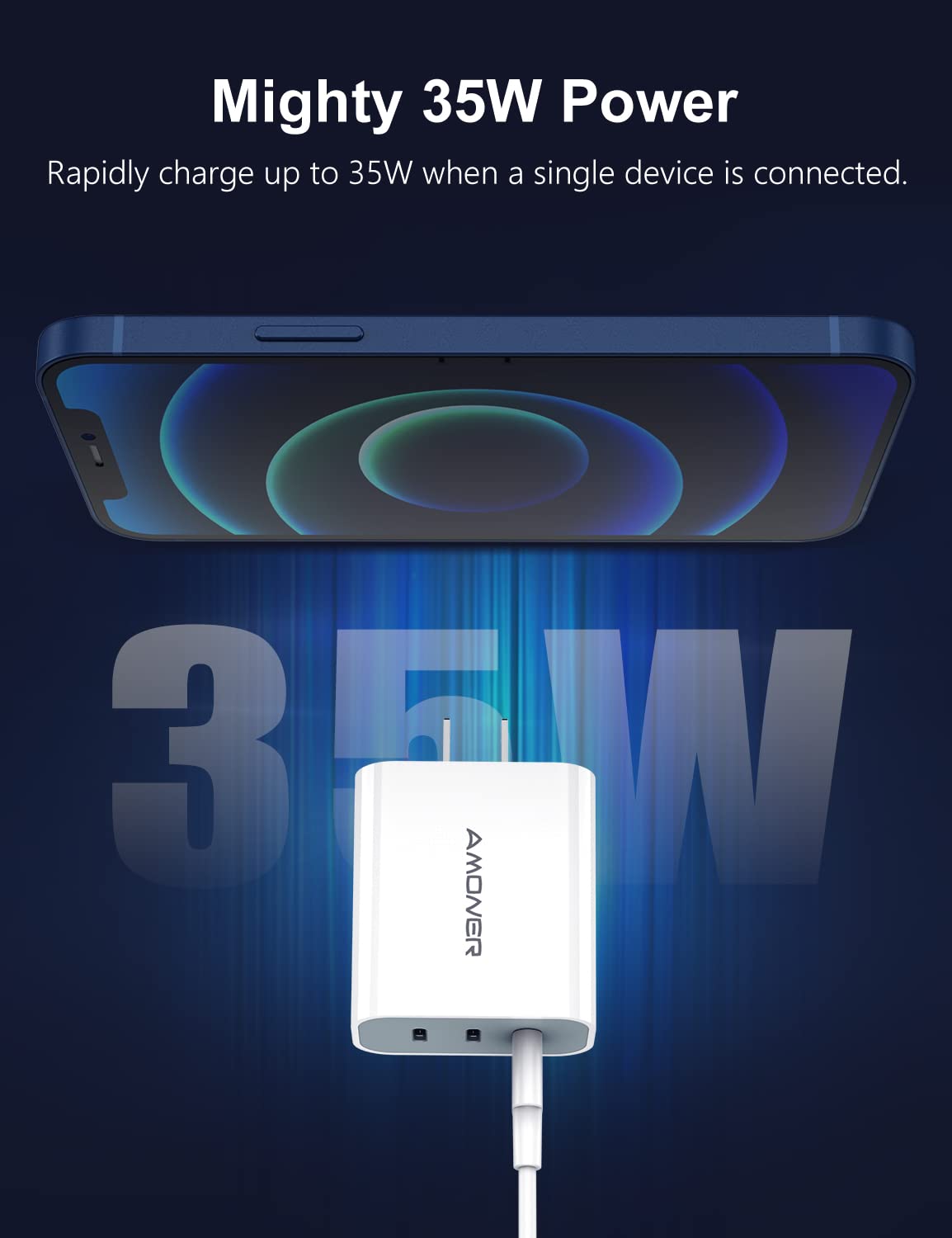 Amoner 35W USB C Fast Charger with PD 3.0 - 3-Port Wall Charger for iPhone 14/13/12/11, Samsung Galaxy, Google Pixel & More | Compact Travel Charger for Home, Office & Car