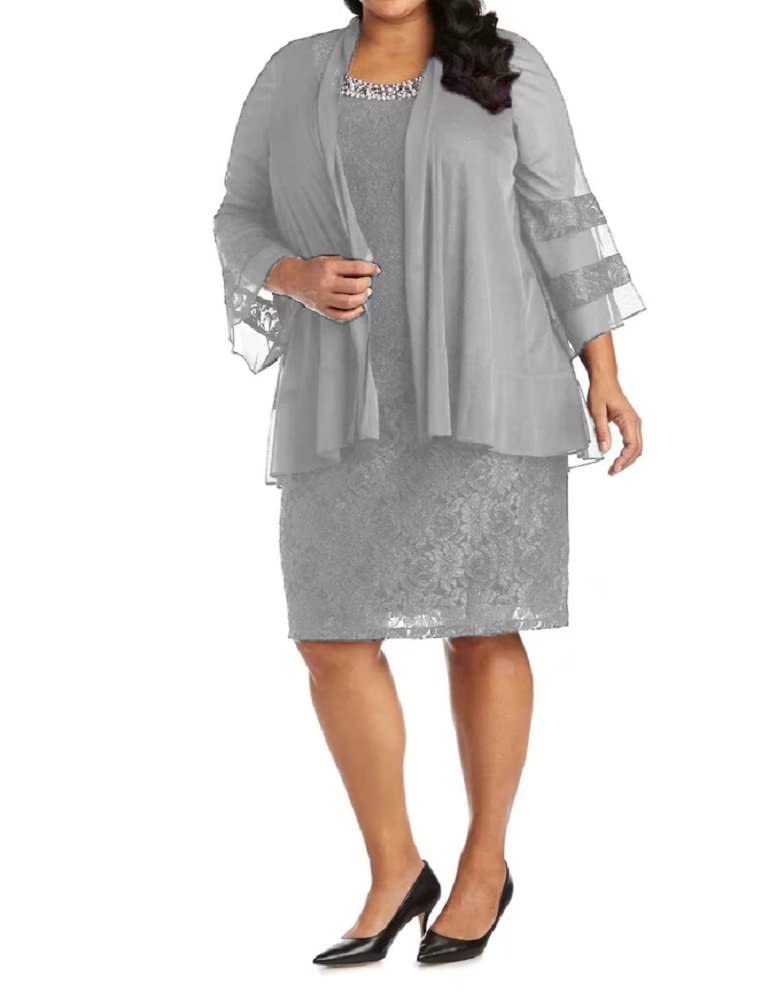 Elegant Plus Size 2-Piece Chiffon Mother of the Bride Dress Set with Bell Sleeves & Jacket - Knee-Length Formal Wedding Attire for Women - Perfect for Weddings, Special Occasions & Evening Events
