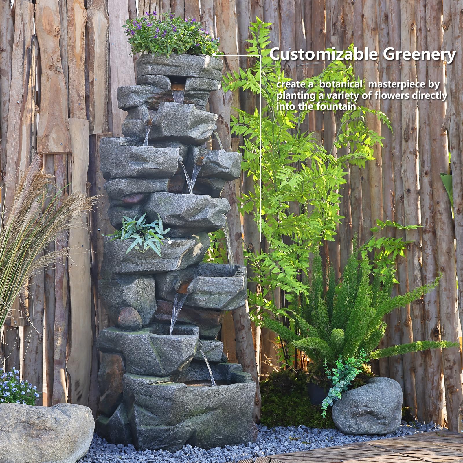 6-Tier 58-Inch Large Cascading Rock Outdoor Garden Water Fountain with LED Lights - Natural Waterfall Decor for Patio, Porch, Backyard & Home Landscaping | Perfect for Relaxation, Meditation & Outdoor Ambiance