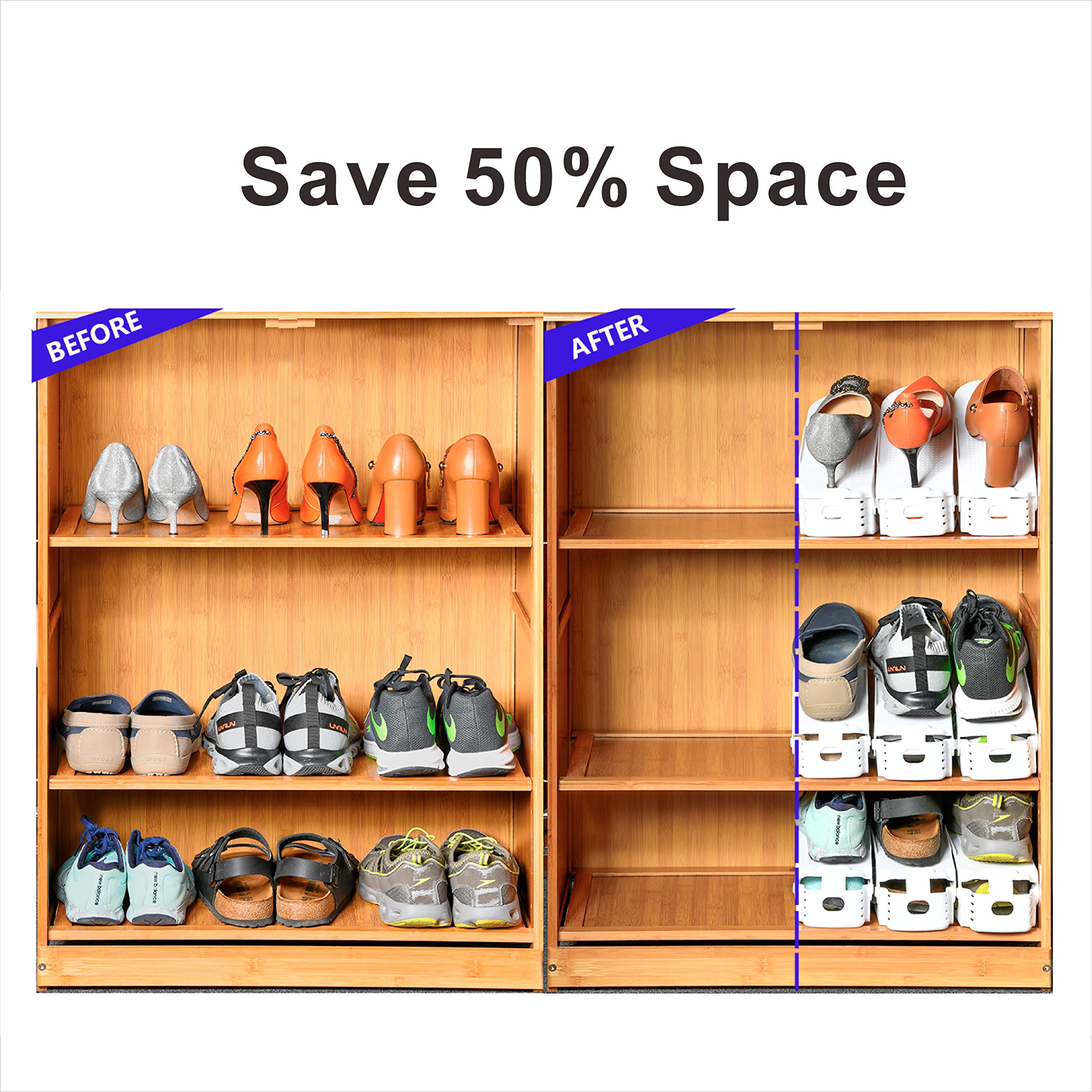 20PCS Adjustable Double Layer Shoe Rack Organizer - Space Saving Stackable Shoe Storage for Closet, Entryway & Under Bed - White Shoe Shelf Holder for Sneakers, Heels & Boots