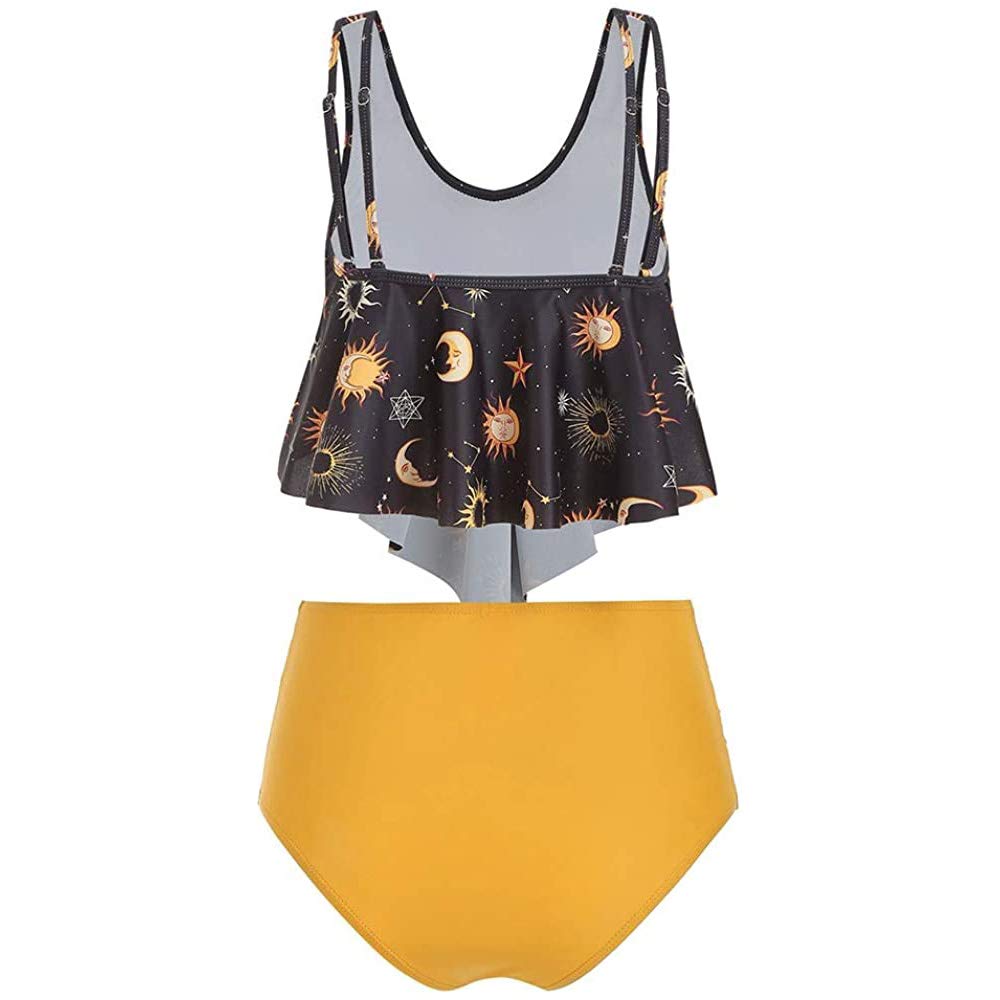 Women's High Waisted Tankini Swimsuit with Sun, Moon & Stars Print - Flounce Design for Beach, Pool & Summer Vacations