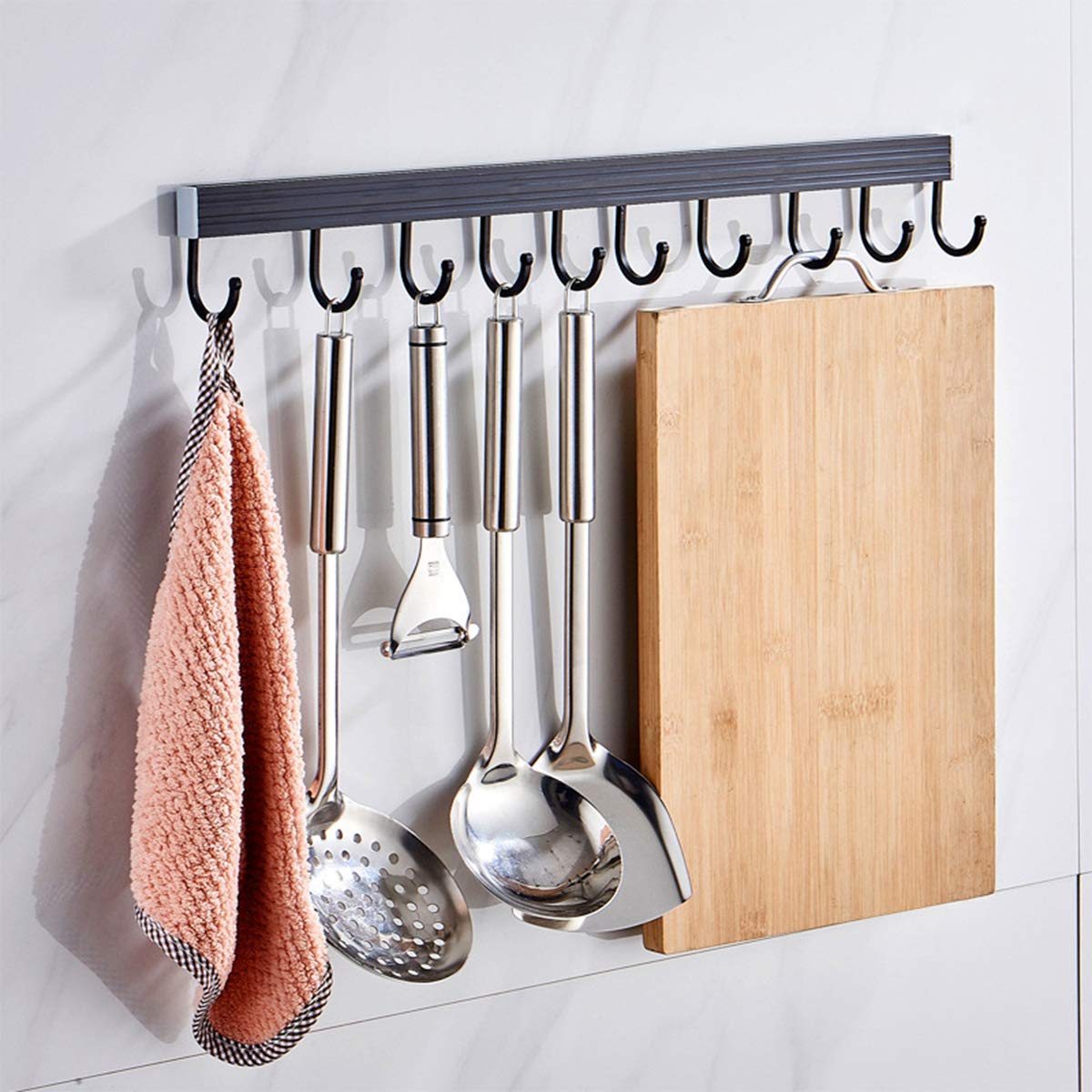 Wall Mounted Kitchen Utensil Holder - No Drilling Hanging Rack with 10 Hooks for Spoons, Spatulas & Tools - Perfect for Kitchen, Bathroom, Bedroom & Office Organization