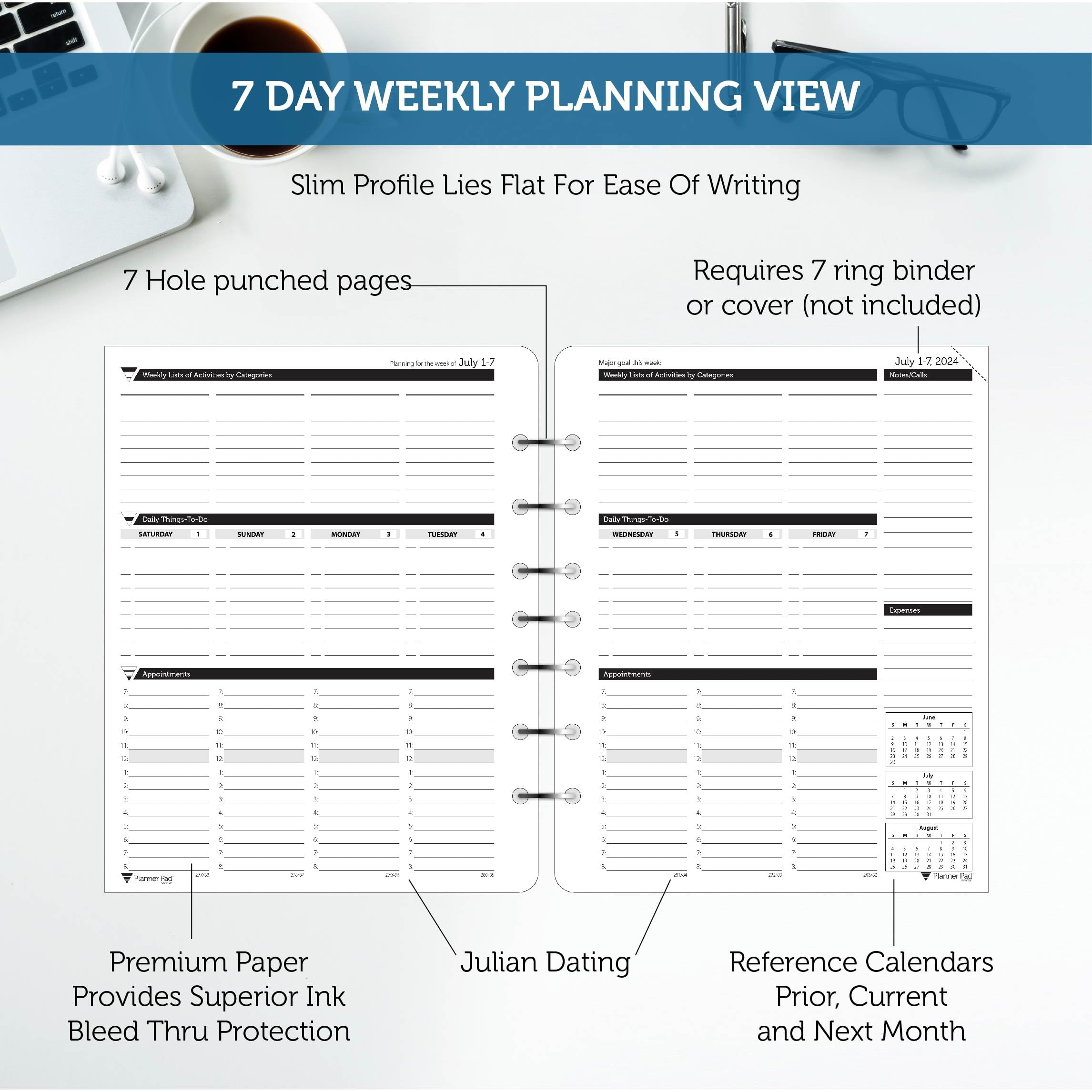 Planner Pad 7-Hole Loose Leaf 3-Tier Funnel Down Organizer - 12 Month Academic Planner (July 2024 - June 2025), Medium Size 6.75