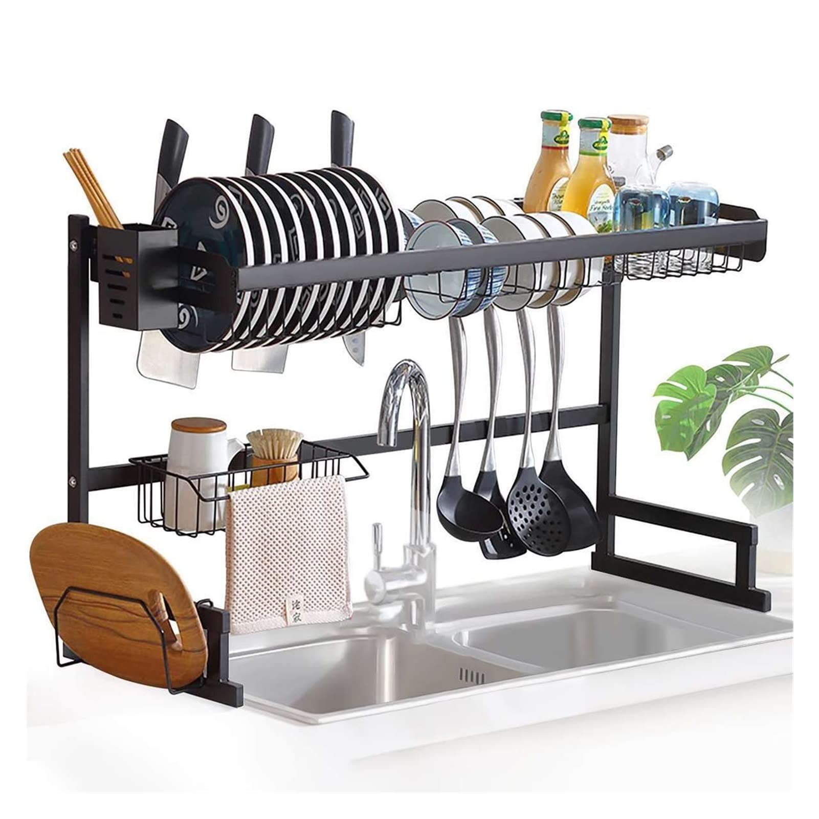 Stainless Steel Over The Sink Dish Drying Rack - 2 Tier Countertop Organizer with Utensil Hooks, 25.6 Inch Space Saving Kitchen Drainer Shelf for Dishes, Cups & Cookware - Perfect for Small Kitchens & Apartments