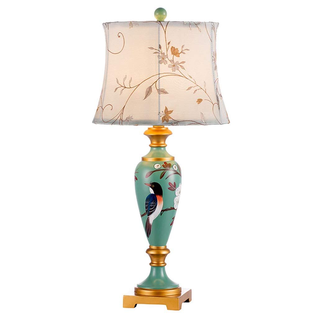Vintage Table Lamp for Bedroom & Living Room - Handmade Embroidery Lampshade with Resin Base, Retro Style Nightstand Lamp (Green, 28x61cm) - Perfect for Bedside Reading & Cozy Home Decor