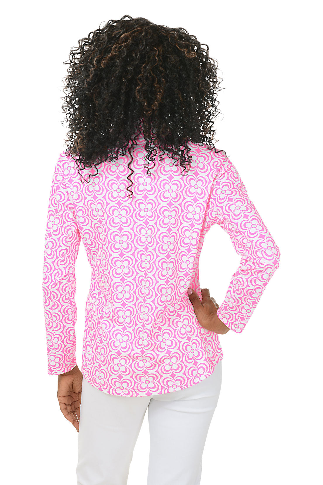 Women's Pink Daisy Print UPF 50+ Sun Protection Mock Neck Top for Beach, Pool & Outdoor Activities