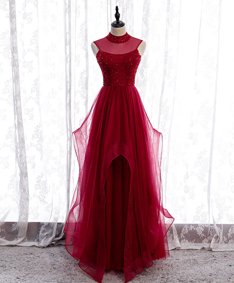 Elegant Burgundy High Neck Tulle Sequin Beaded Long Evening Gown for Women - Perfect for Prom, Gala, Wedding & Formal Events