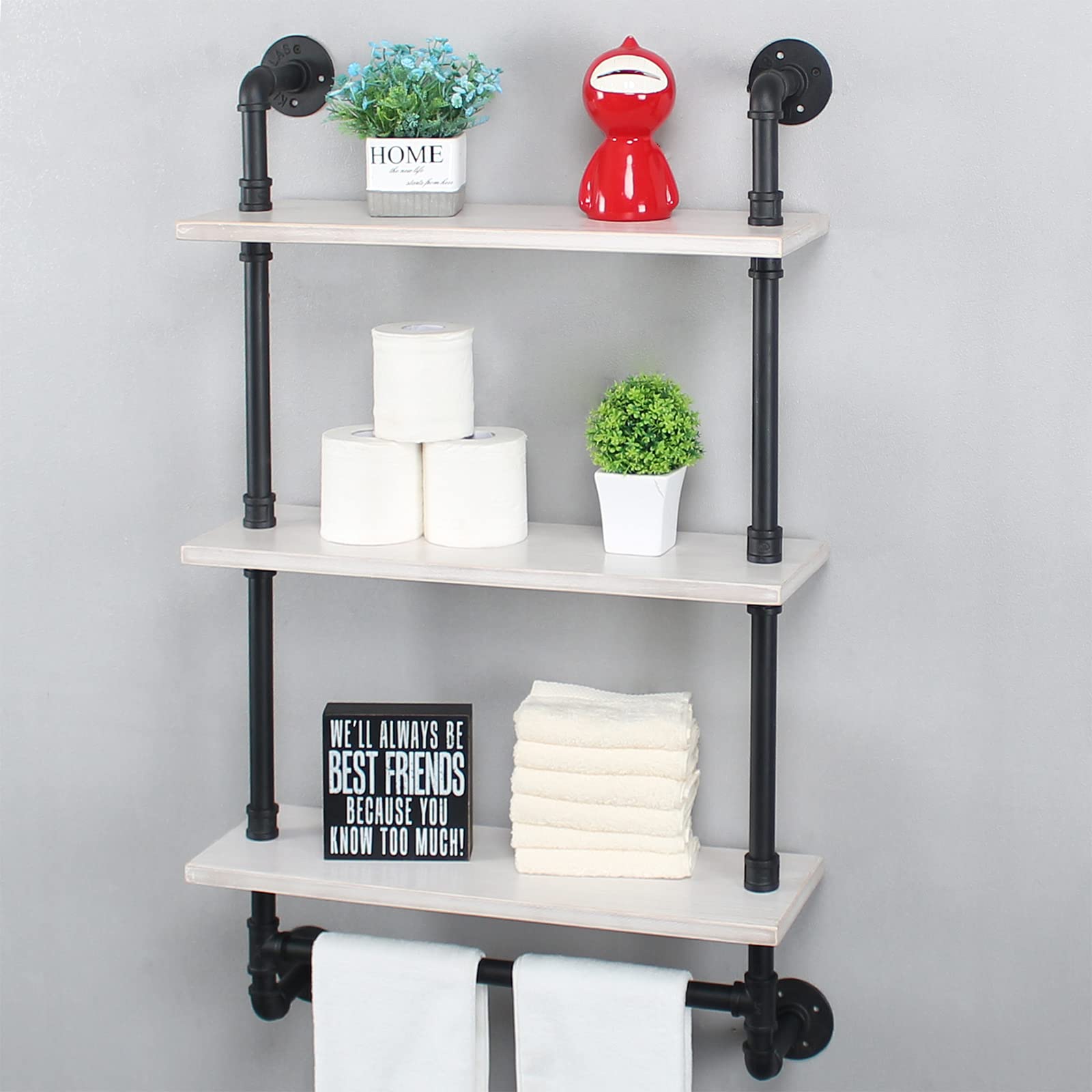 Industrial Pipe Shelving Set - 3-Tier Rustic Metal Floating Wall Shelf with Towel Bar (24 Inch, Black & White) - Heavy Duty Bathroom & Kitchen Storage for Towels, Spices & Decor
