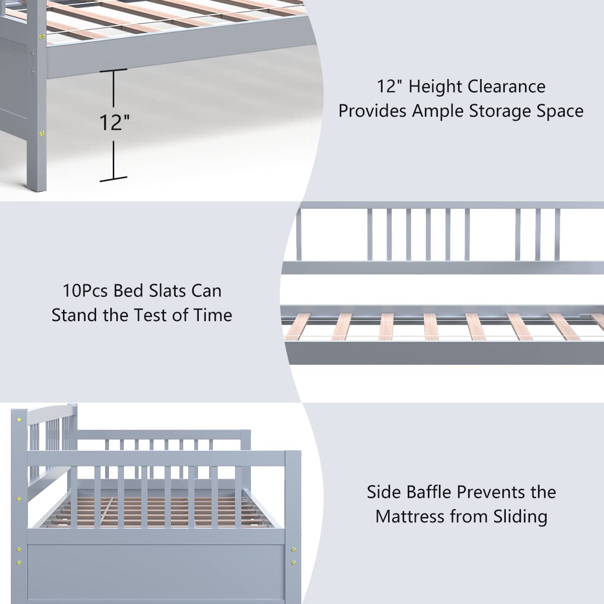KOTEK Twin Daybed Frame with Rails - Solid Wood Sofa Bed for Guest Room, Living Room & Bedroom - Grey Platform Bed Frame for Small Spaces & Sleepovers