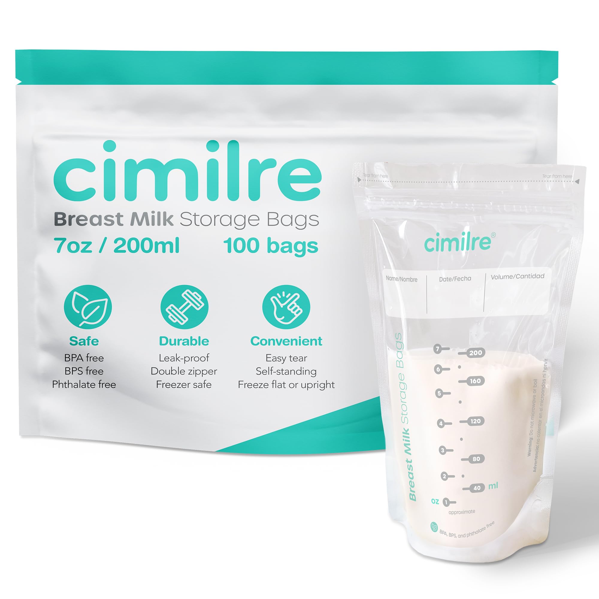 Cimilre Breast Milk Storage Bags - 100 Pack (7 oz) Leak-Proof, BPA-Free for Safe Breastmilk Storage - Freeze Flat or Stand Upright - Perfect for Pumping, Travel & Long-Term Freezing