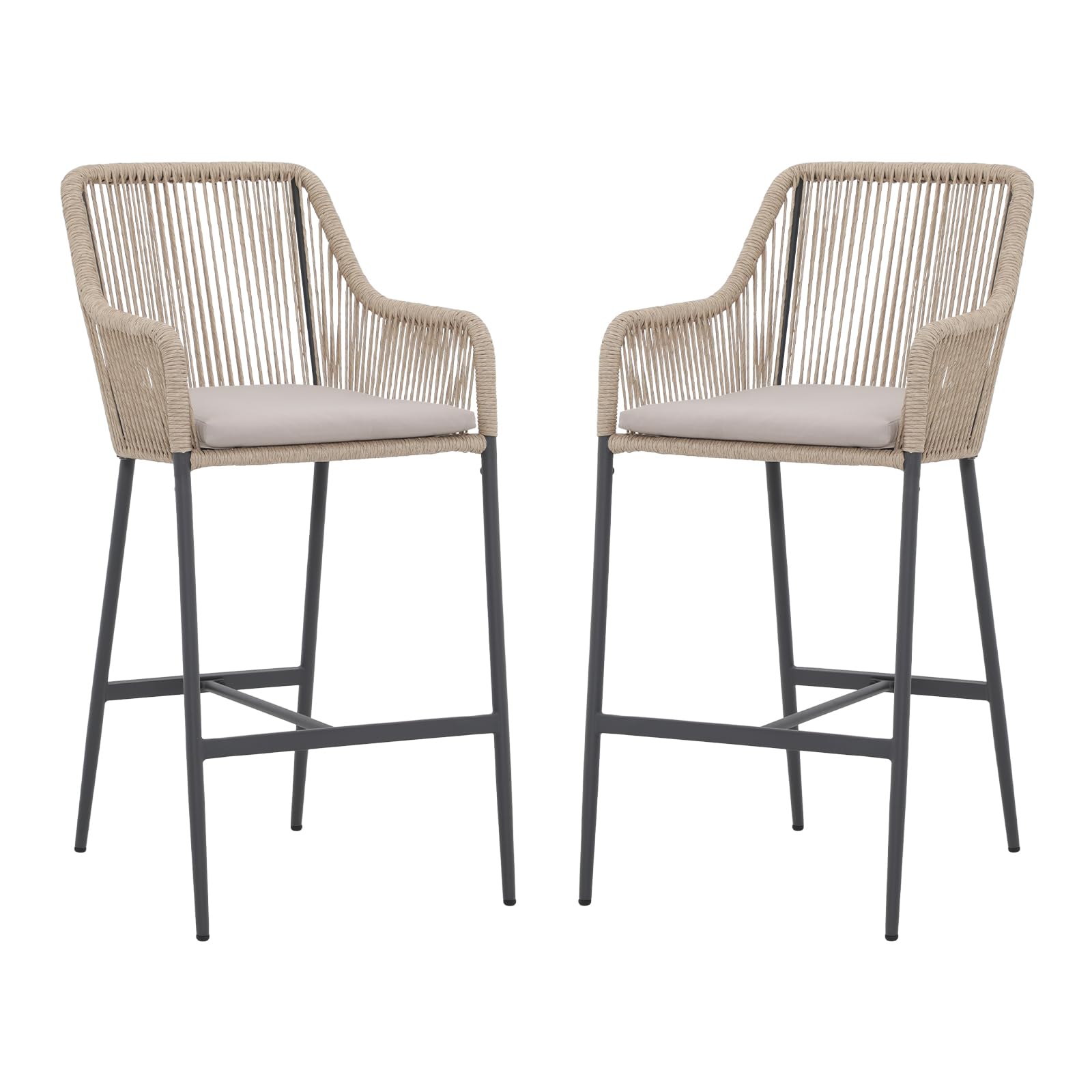 COBANA 2-Pack Outdoor Bar Stools - 36 Inch Bar Height Patio Chairs with High Back Support, Footrest & Armrests, Beige Weather-Resistant Dining Chairs for Backyard, Deck, Poolside & Outdoor Entertaining