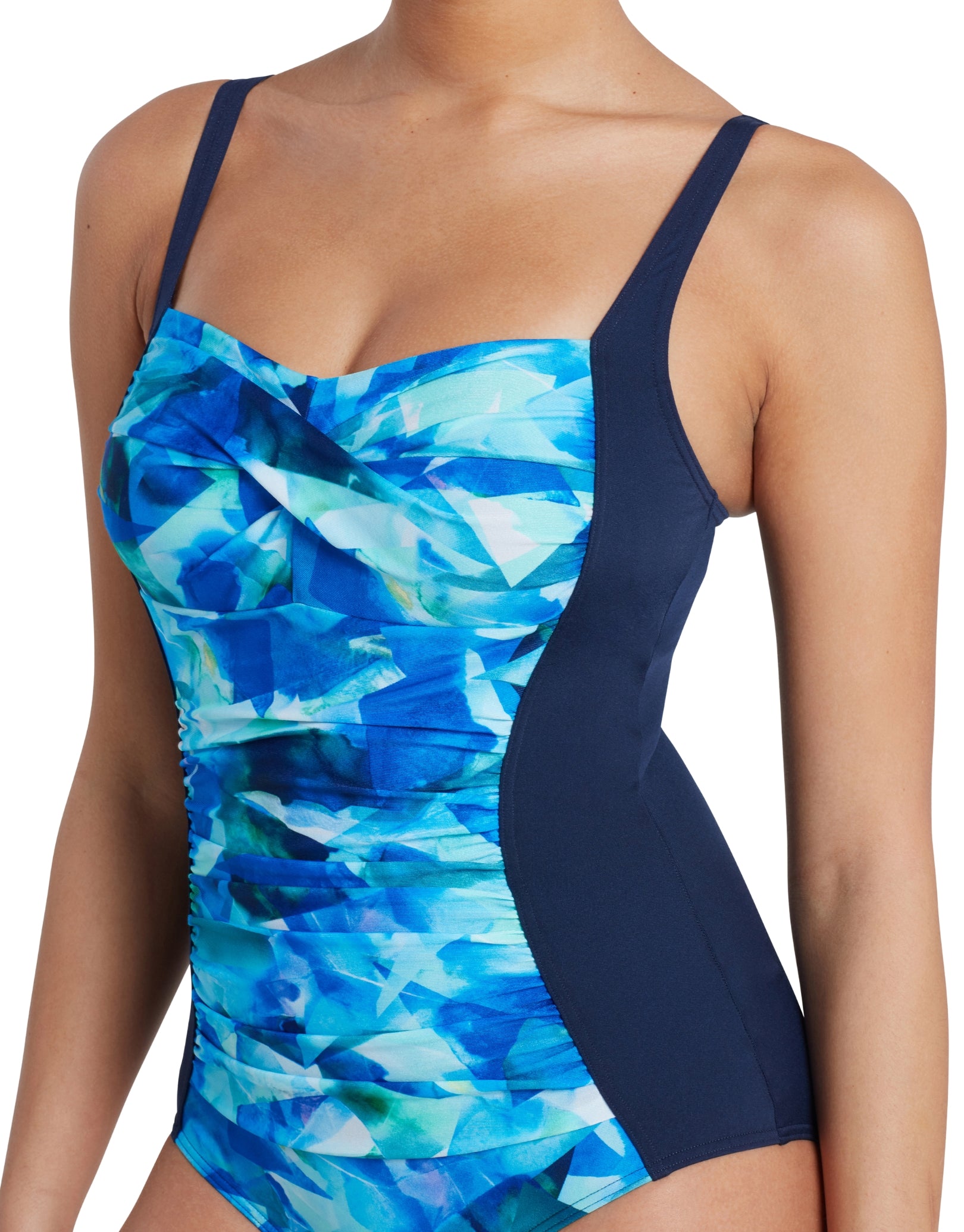 Aqua Digital Ruched Front Adjustable One Piece Swimsuit for Women - Navy Blue Swimwear for Beach, Pool & Vacation