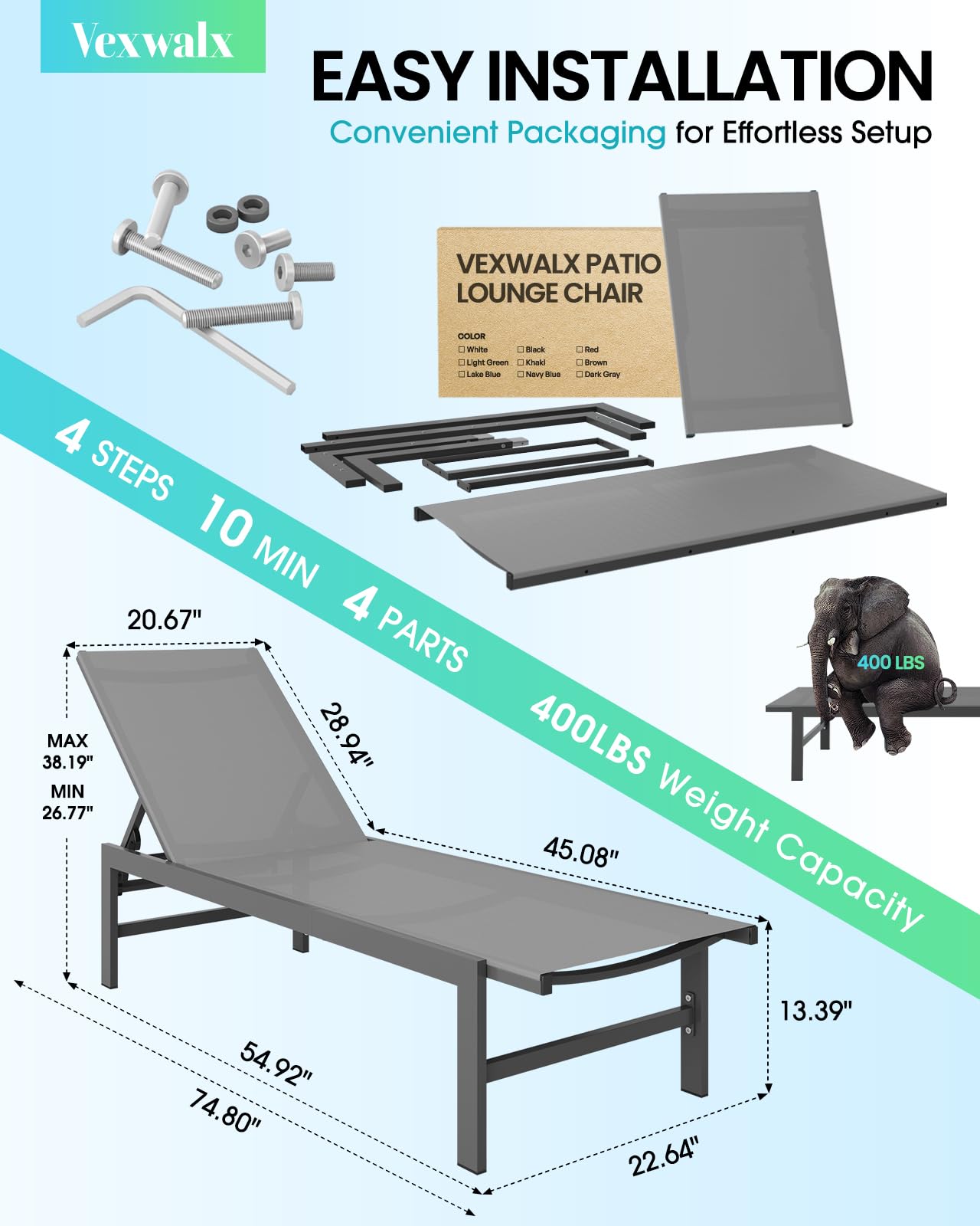 5-Position Reclining Aluminum Outdoor Lounge Chair for Poolside, Backyard, Deck & Lawn - Durable Patio Chaise Lounge in Dark Gray - Perfect for Sunbathing, Relaxing & Outdoor Lounging