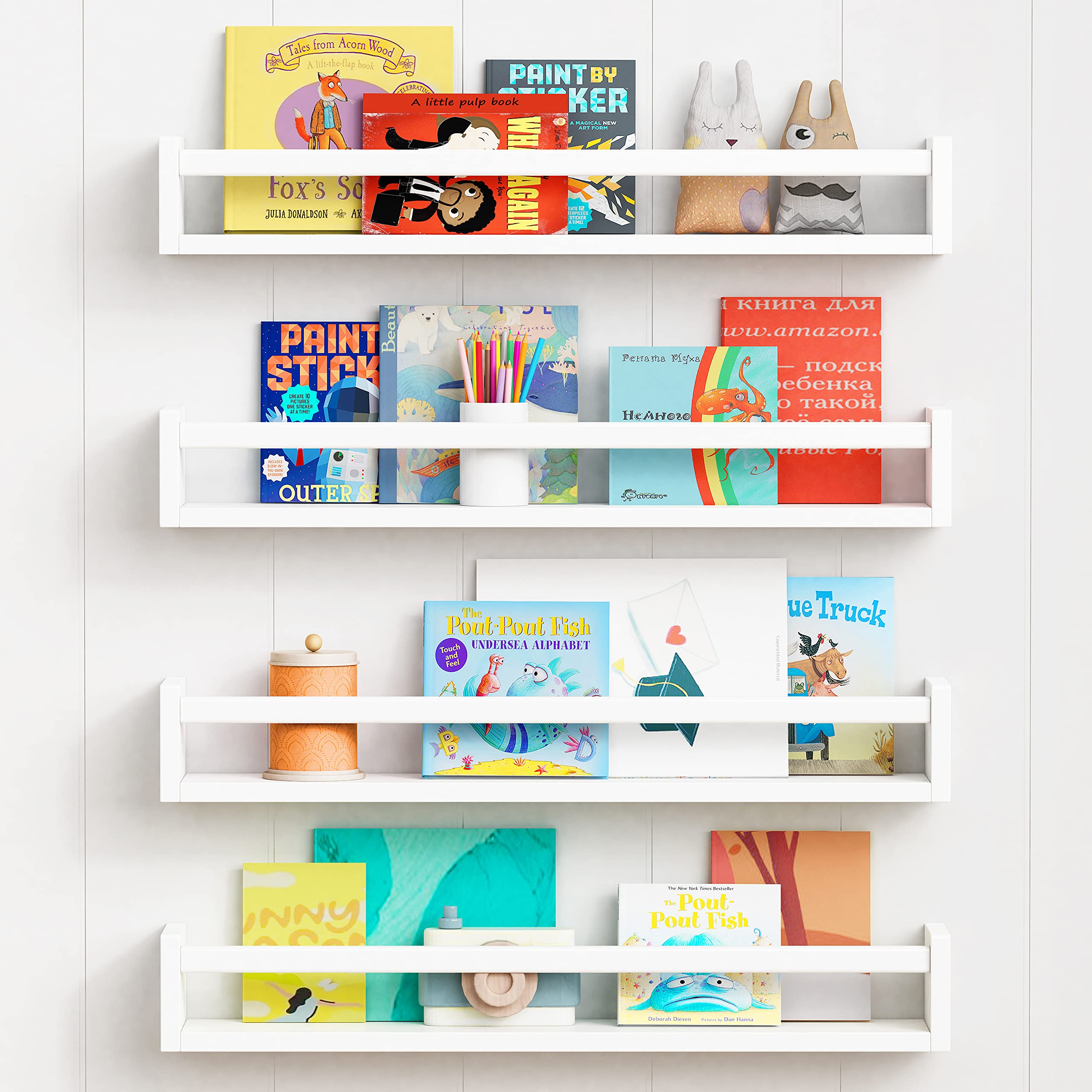 Forbena 24 Inch Floating Wall Bookshelf Set of 4 - White Wooden Nursery Shelves for Kids Bedroom, Baby & Toddler Room Decor - Wall Mounted Bookshelves & Toy Storage Organizer - Perfect for Nursery, Playroom, and Children's Bedroom Organization