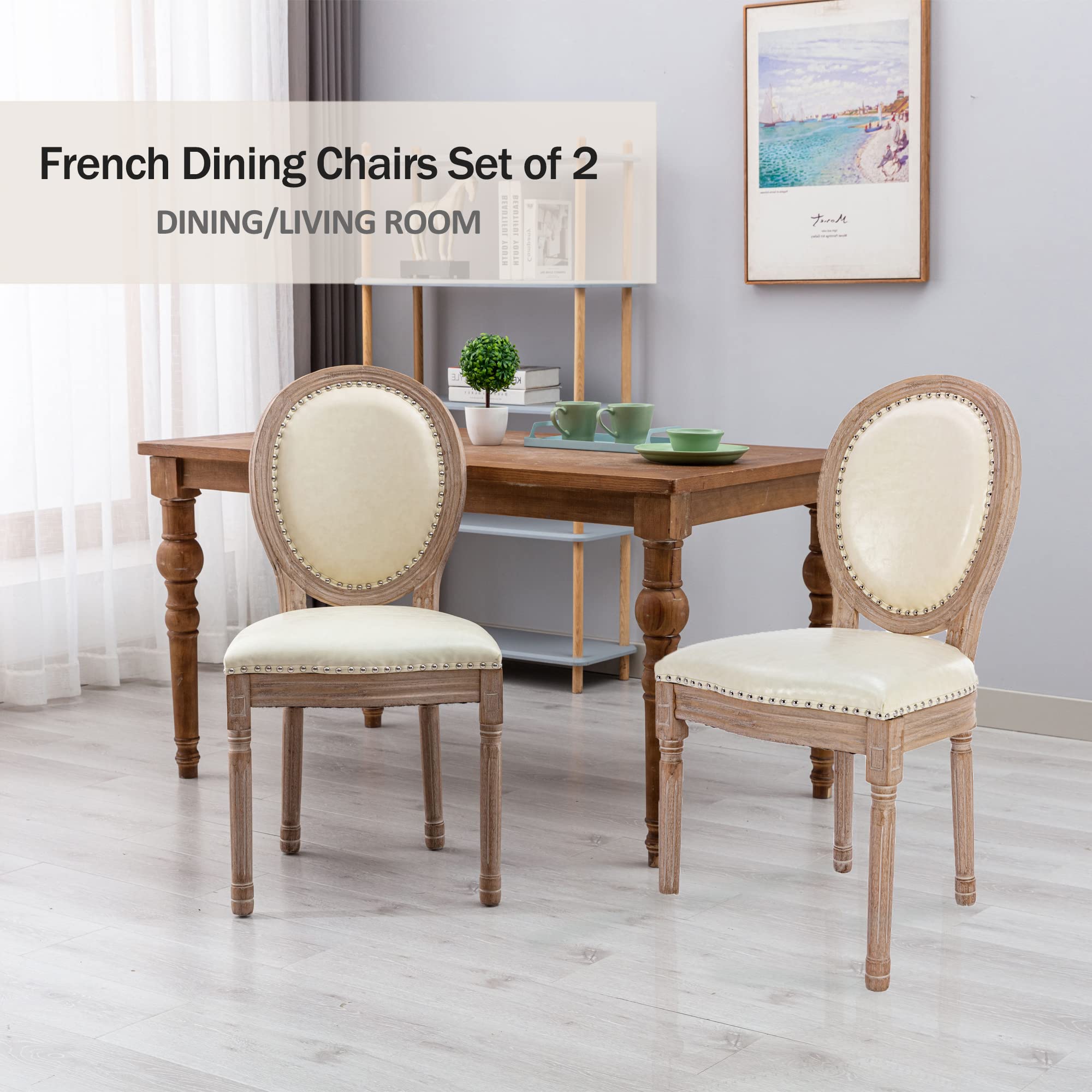 Nrizc French Country Dining Chairs Set of 2 - Genuine Leather Farmhouse Kitchen Chairs with Round Back & Solid Wood Legs - Elegant Oval Side Chairs for Dining Room, Bedroom, Kitchen or Breakfast Nook - Perfect for Farmhouse Decor, Rustic Weddings and Cozy Family Gatherings