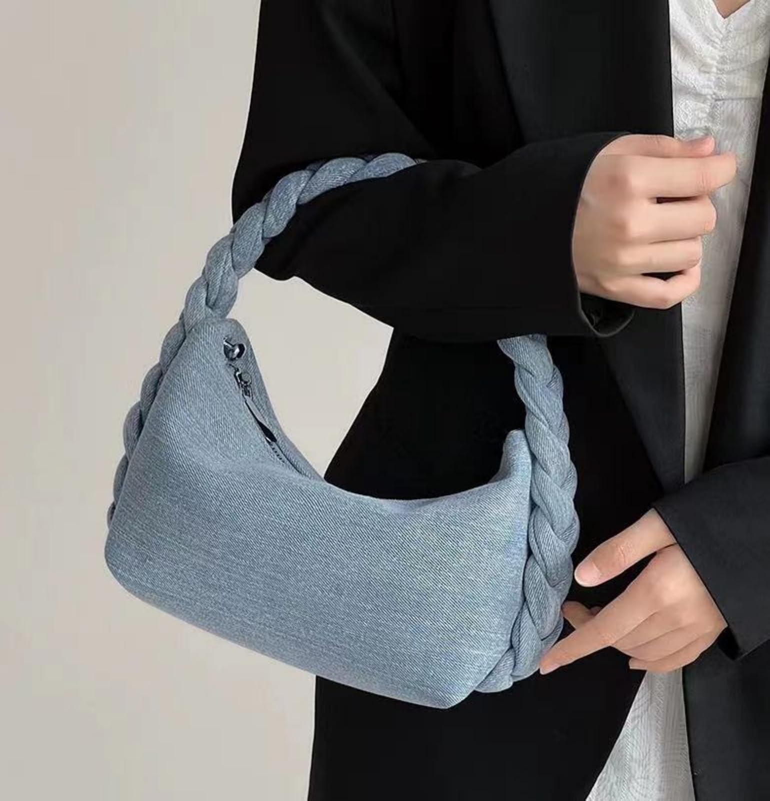 Trendy Women's Denim Clutch Handbag with Chain Strap - Stylish Jean Satchel Tote, Woven Top Handle & Crossbody Sling Bag for Casual Outings, Parties & Everyday Use