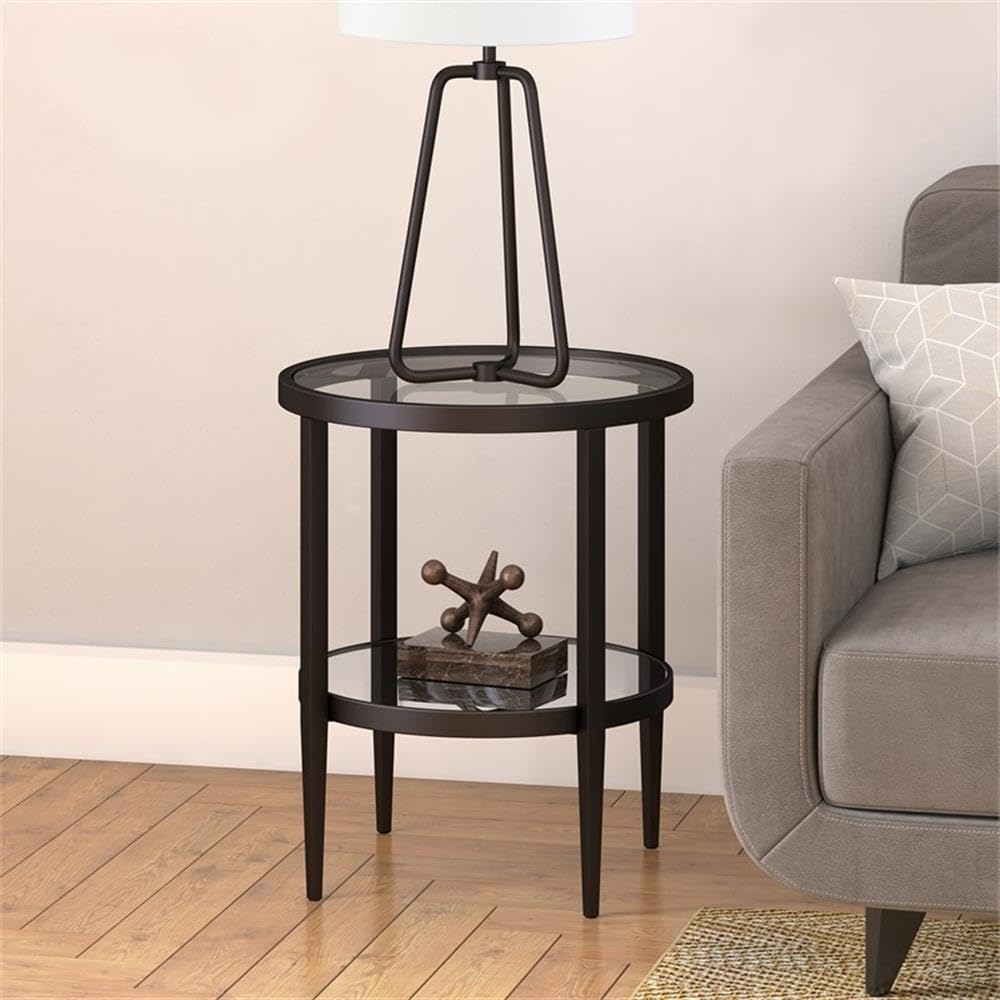 Modern Round Glass Top Metal Accent Table with Shelf - Black Pemberly Row End Table for Living Room, Bedroom & Office Decor