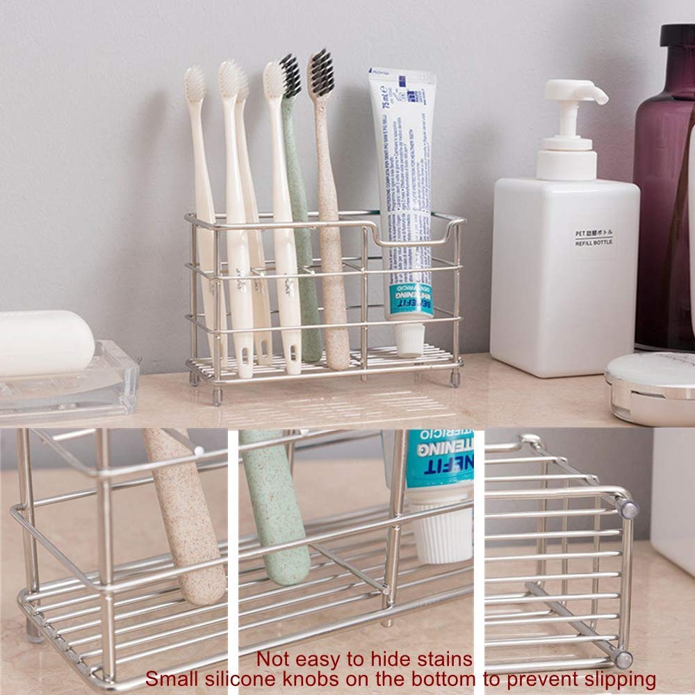 Stainless Steel Toothbrush Holder - 7 Slots Organizer for Bathroom Countertop (Silver) - Perfect for Electric Toothbrushes & Razors