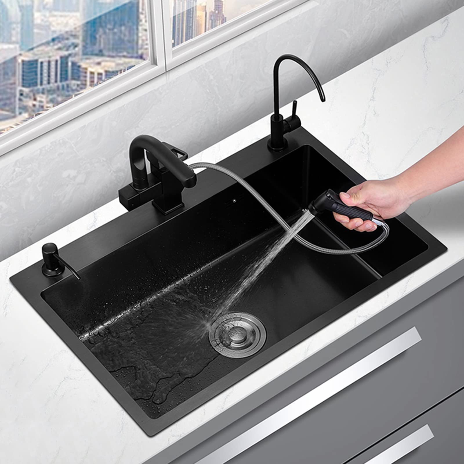 Stainless Steel Kitchen Bar Sink with Soap Dispenser, Dual Spray Faucet & Water Purifier - Large Single Bowl for Home & Commercial Use - Perfect for Bars, Restaurants & Modern Kitchens