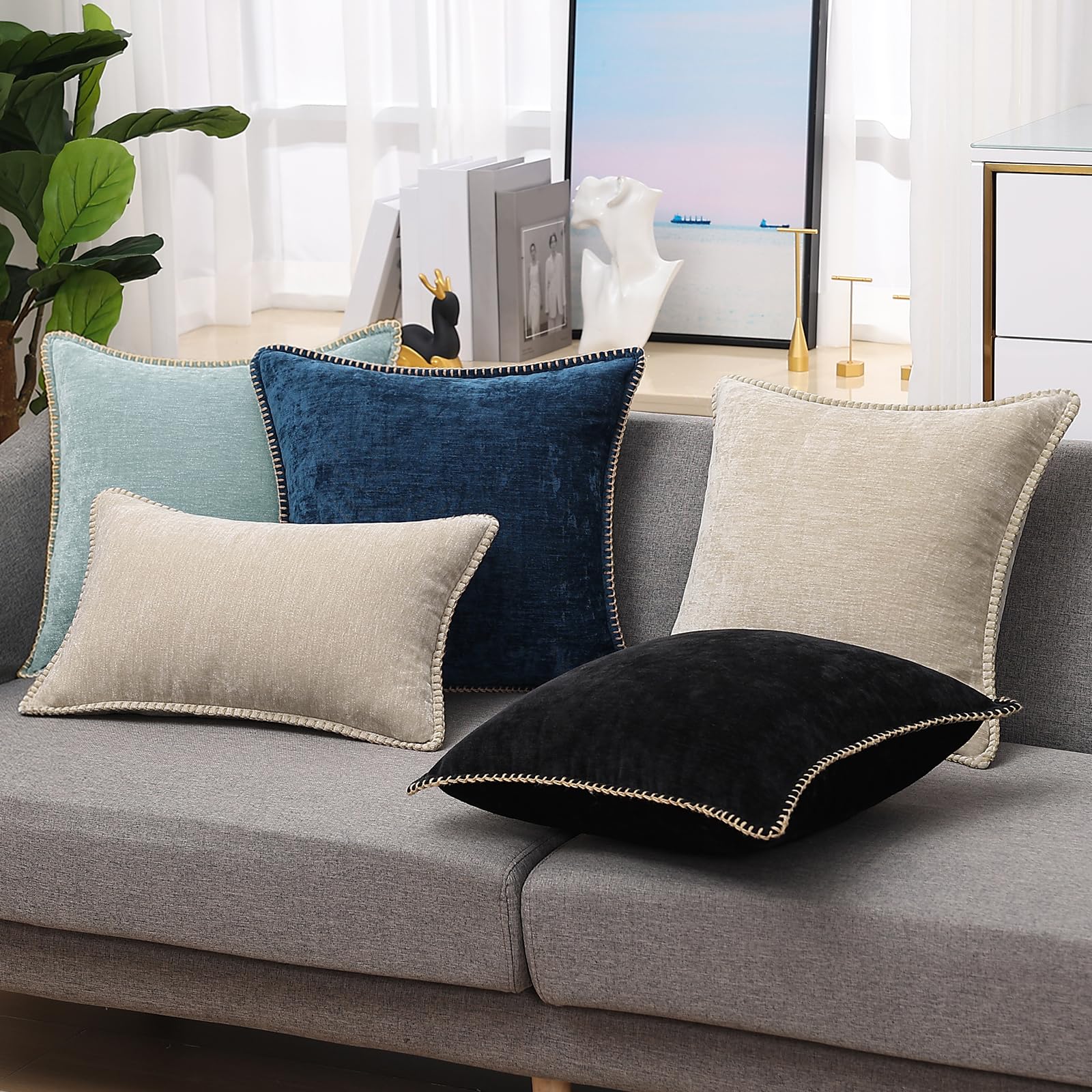 Chenille Soft Throw Pillow Covers 22x22 Set of 2 - Farmhouse Velvet Decorative Couch Pillow Covers with Stitched Edge for Sofa, Bed & Home Decor - Black | Perfect for Living Room, Bedroom & Cozy Home Styling