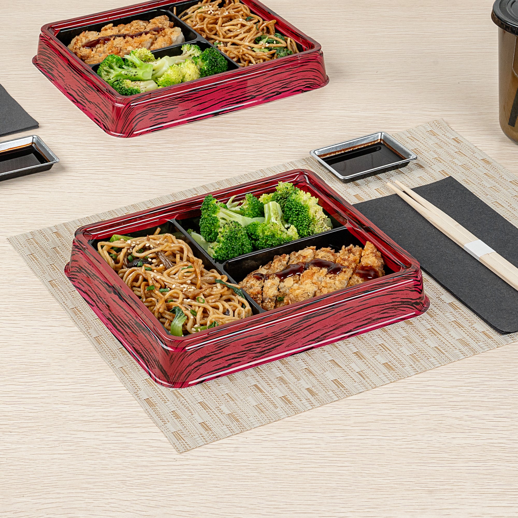 Bento Tek 16 oz Rectangle Red and Black Plastic Bento Box - 3 Compartments Lunch Container (8.75