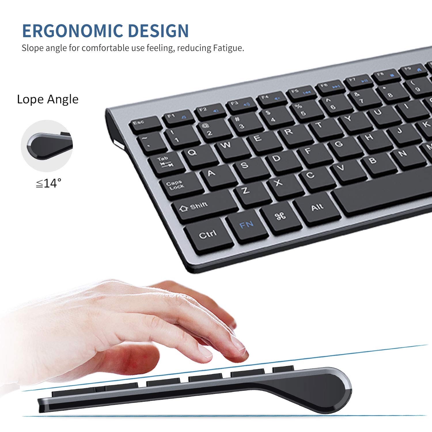 2.4G Wireless Keyboard and Mouse Combo - Ergonomic Full-Size USB Keyboard with Silent Mouse for PC, Laptop, Windows & Mac - Black & Grey - Perfect for Office, Home & Gaming Use