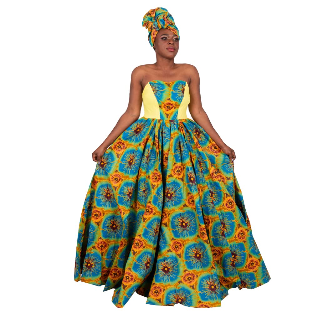 BAZINRICHE African Print Dashiki Ball Gown Dress for Women - Strapless Maxi Party Dress with Matching Headscarf (No Necklace Included) | Perfect for Weddings, Cultural Events & Special Occasions