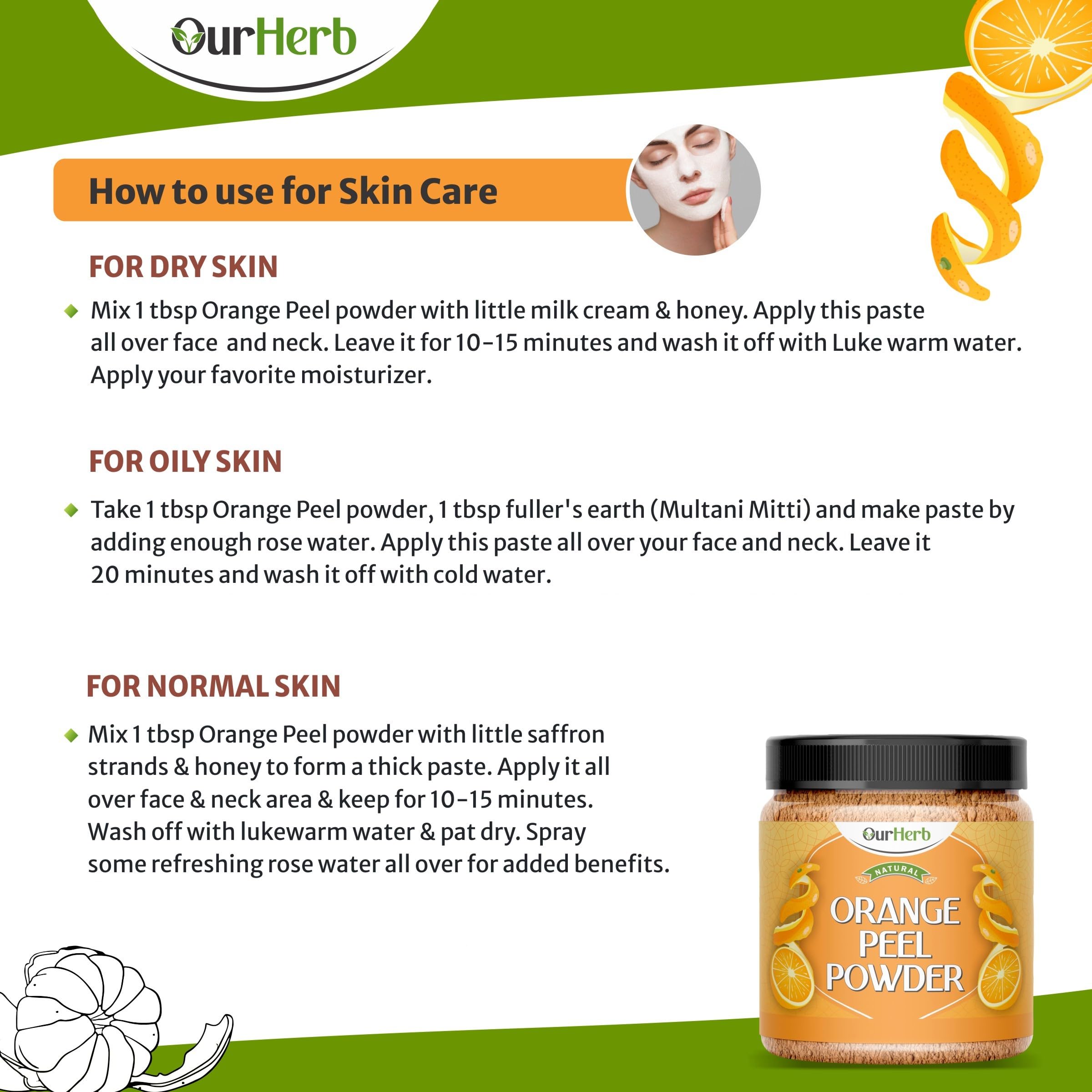 OurHerb® Pure & Natural Orange Peel Powder with Vitamin C & Antioxidants for Face Pack - Cruelty-Free, Vegan Skincare Formula (200g | 7 Oz) with Wooden Spoon - Brightening & Exfoliating for Glowing Skin