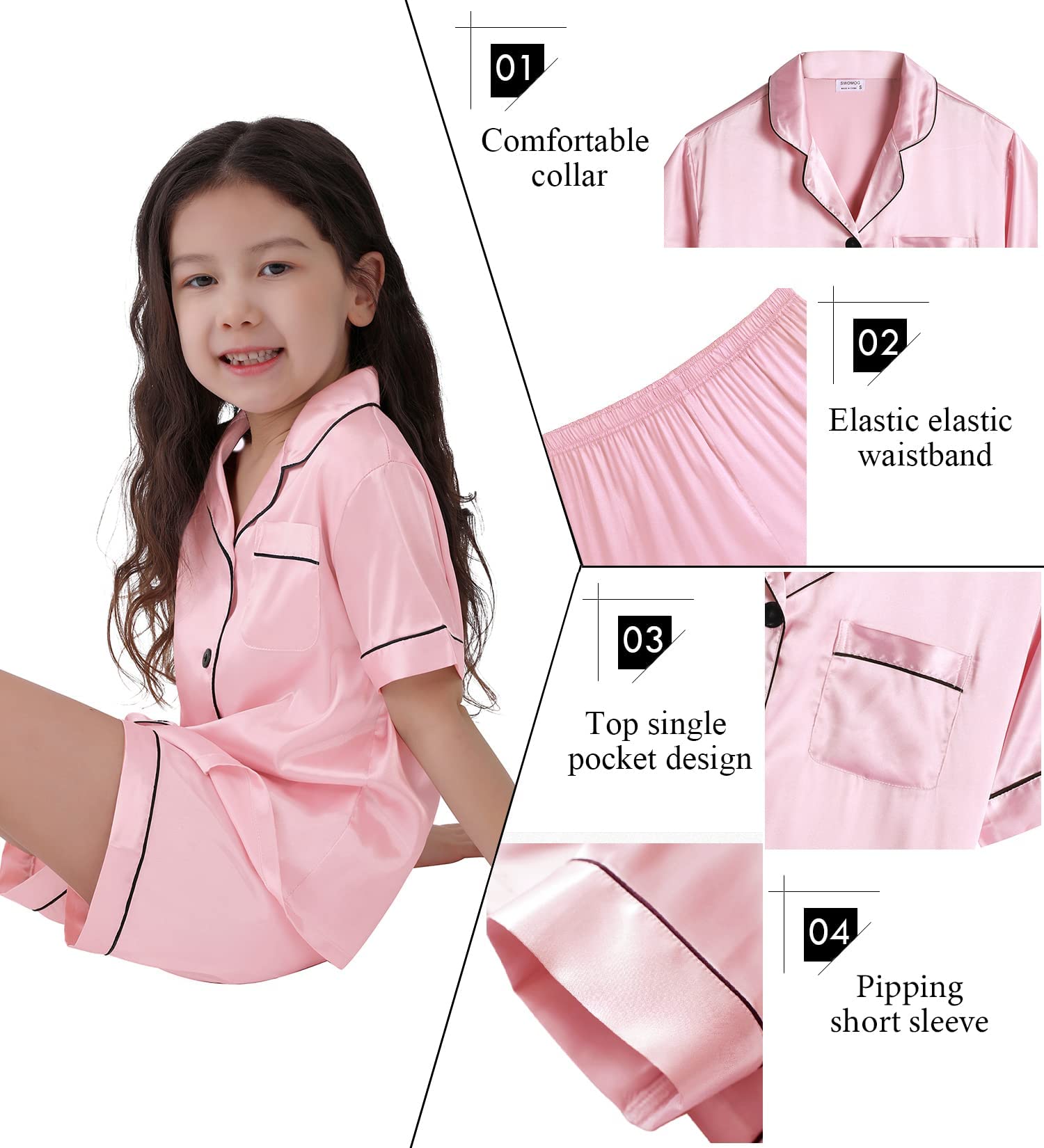 SWOMOG Kids Satin Pajama Set for Girls & Boys - Soft Button-Down Silk Pjs with Short Sleeves, 2-Piece Nightwear & Lounge Outfit - Perfect for Sleepovers, Bedtime & Relaxing at Home