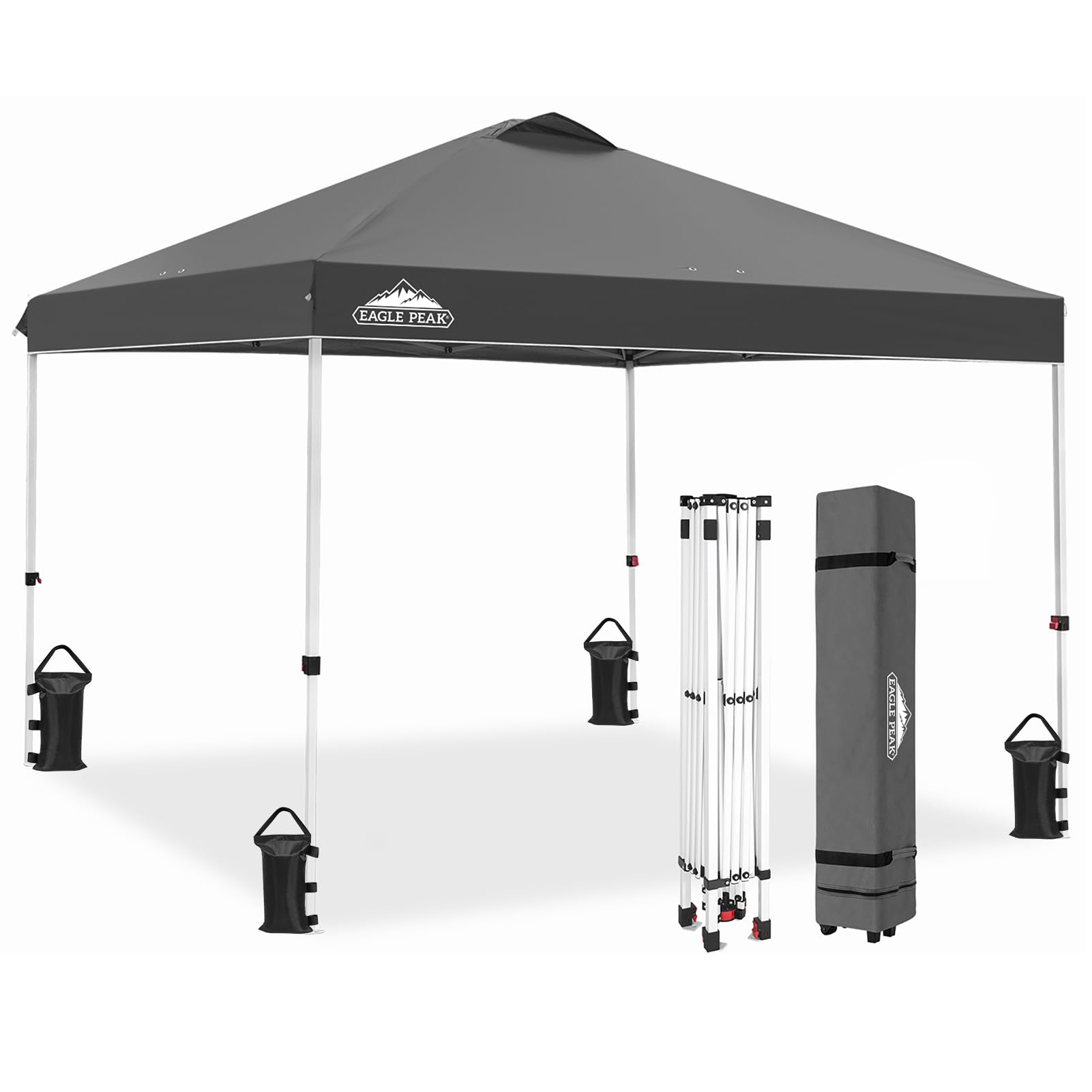 EAGLE PEAK 10x10 ft Pop Up Canopy Tent with Wheeled Carry Bag - Includes 8 Stakes, 4 Ropes & 4 Weight Bags - Easy Setup Portable Shade Shelter (100 sq ft Coverage, Gray) - Perfect for Outdoor Events, Camping, Beach Trips & Backyard Parties