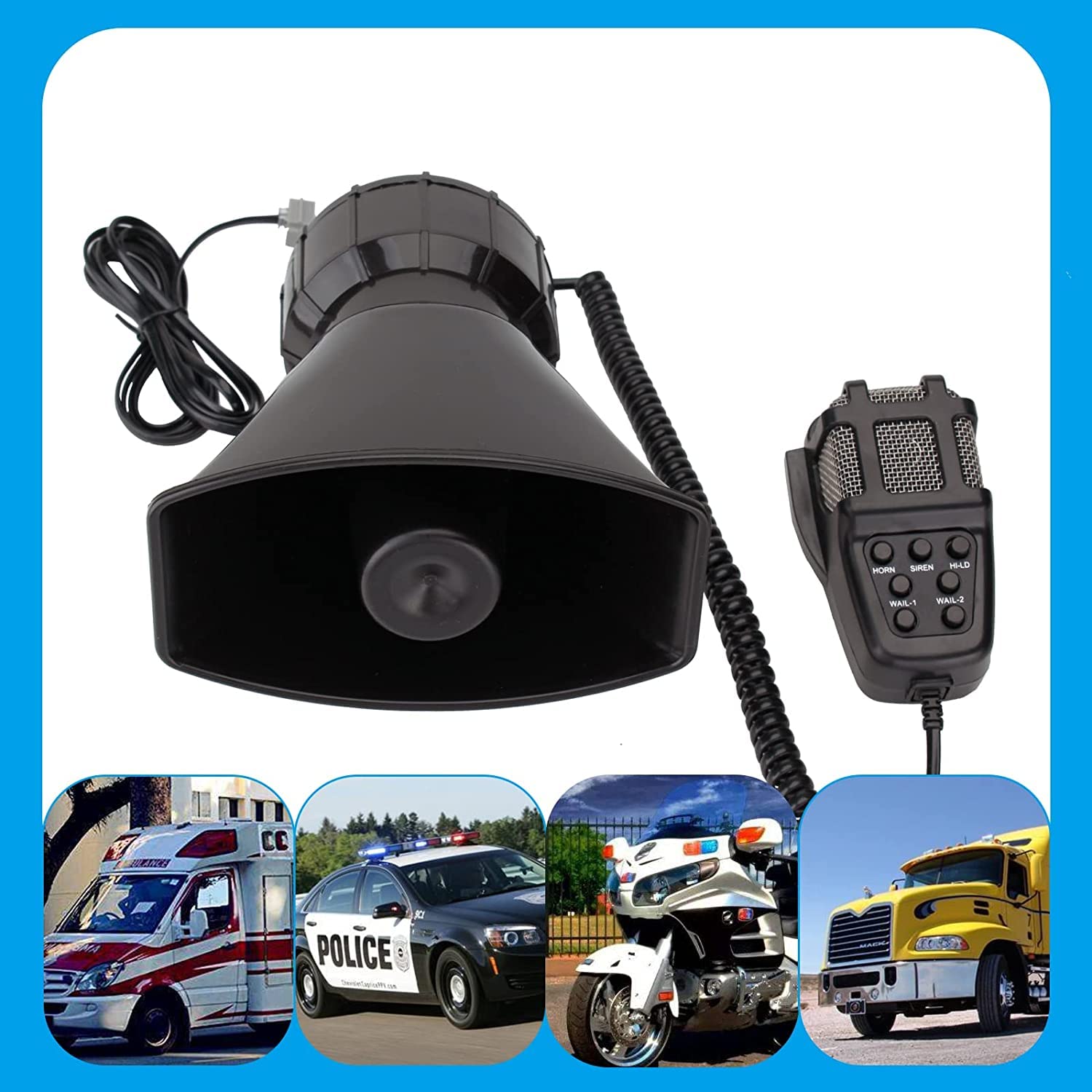 12V 100W 7-Tone Emergency Car Siren Speaker with Mic & PA System - 120dB Loud Vehicle Horn for Police, Ambulance, Security Trucks, Boats & Vans - Ideal for Emergency Alerts, Traffic Control & Public Safety