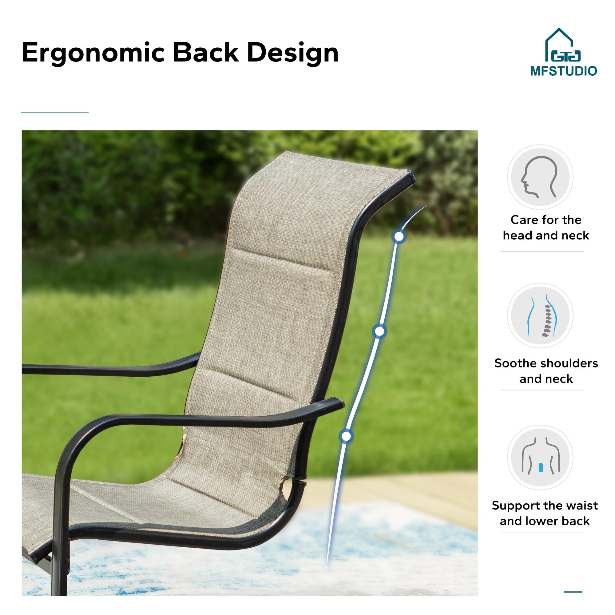 MFSTUDIO Patio Dining Chairs Set of 2 - Padded Textilene Outdoor Chairs with Spring Support, High Back Sling Chairs for Backyard, Deck, or Poolside (Supports 300LBS) - Perfect for Relaxing, Dining, and Entertaining Outdoors