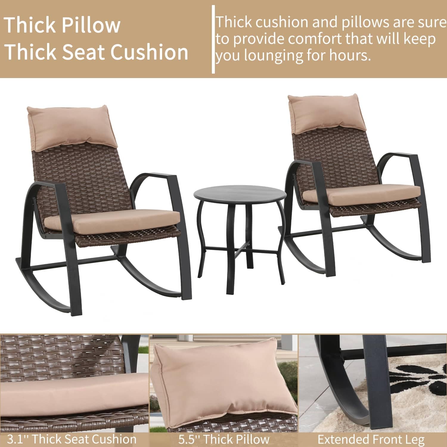 PatioFestival 3-Piece Outdoor Bistro Set with Cushioned Metal Rocking Chairs & Side Table - All-Weather Khaki Patio Furniture for Garden, Deck, or Backyard Relaxation