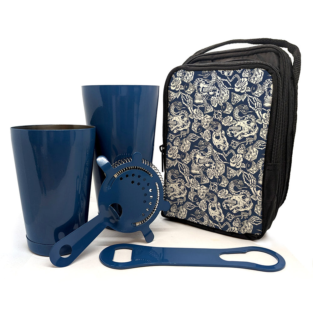 Premium Bar Tote Set with Azure Blue Bar Tools - Snakes & Skulls Design - Perfect for Home Bars, Cocktail Parties & Bartender Gifts