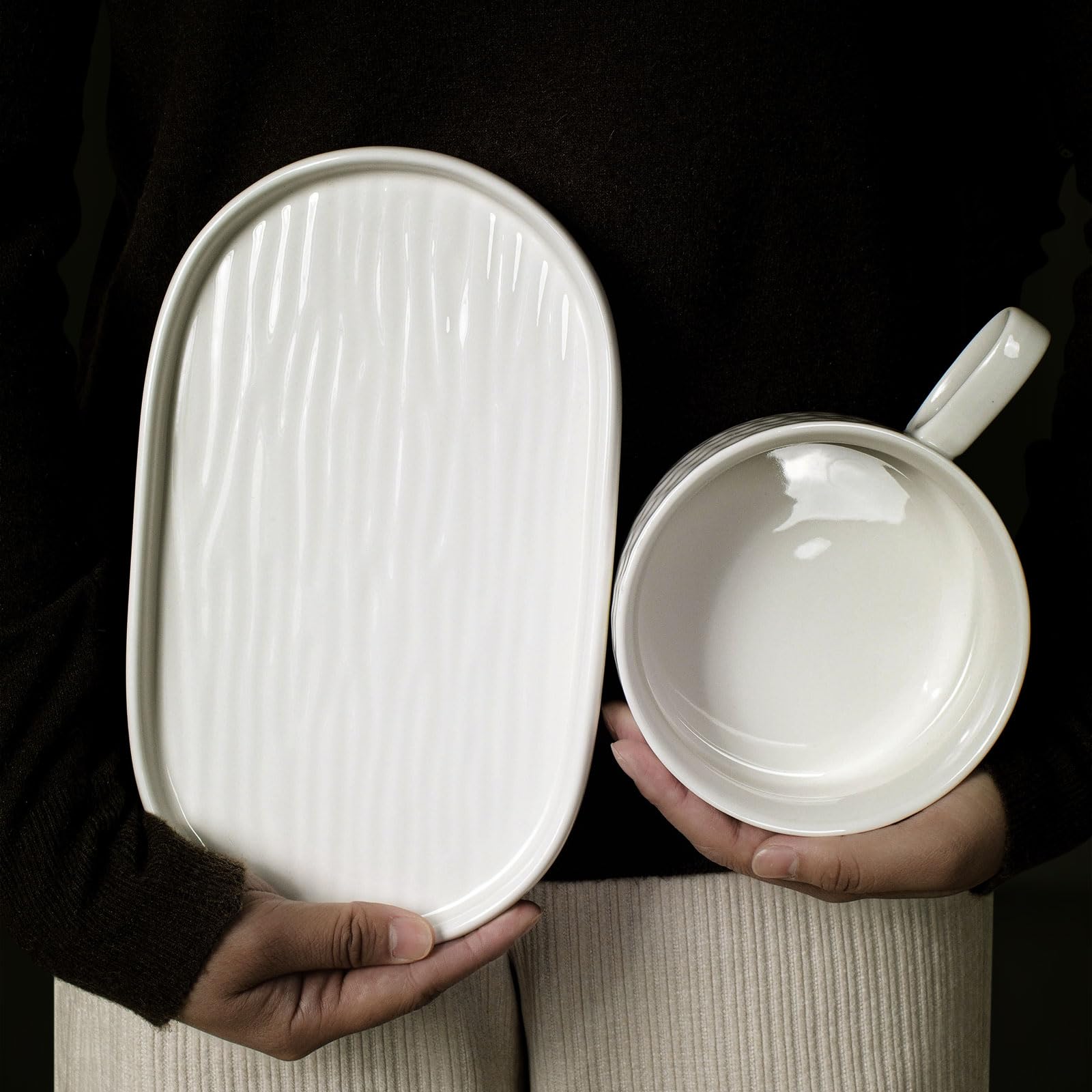 18oz Ceramic Soup Bowl with Handle & Salad Plate Set - Microwave & Dishwasher Safe Cream White Soup Mug for Cereal, Pasta, Appetizers, Dessert - Perfect for Family Dinners, Office Lunches & Picnics